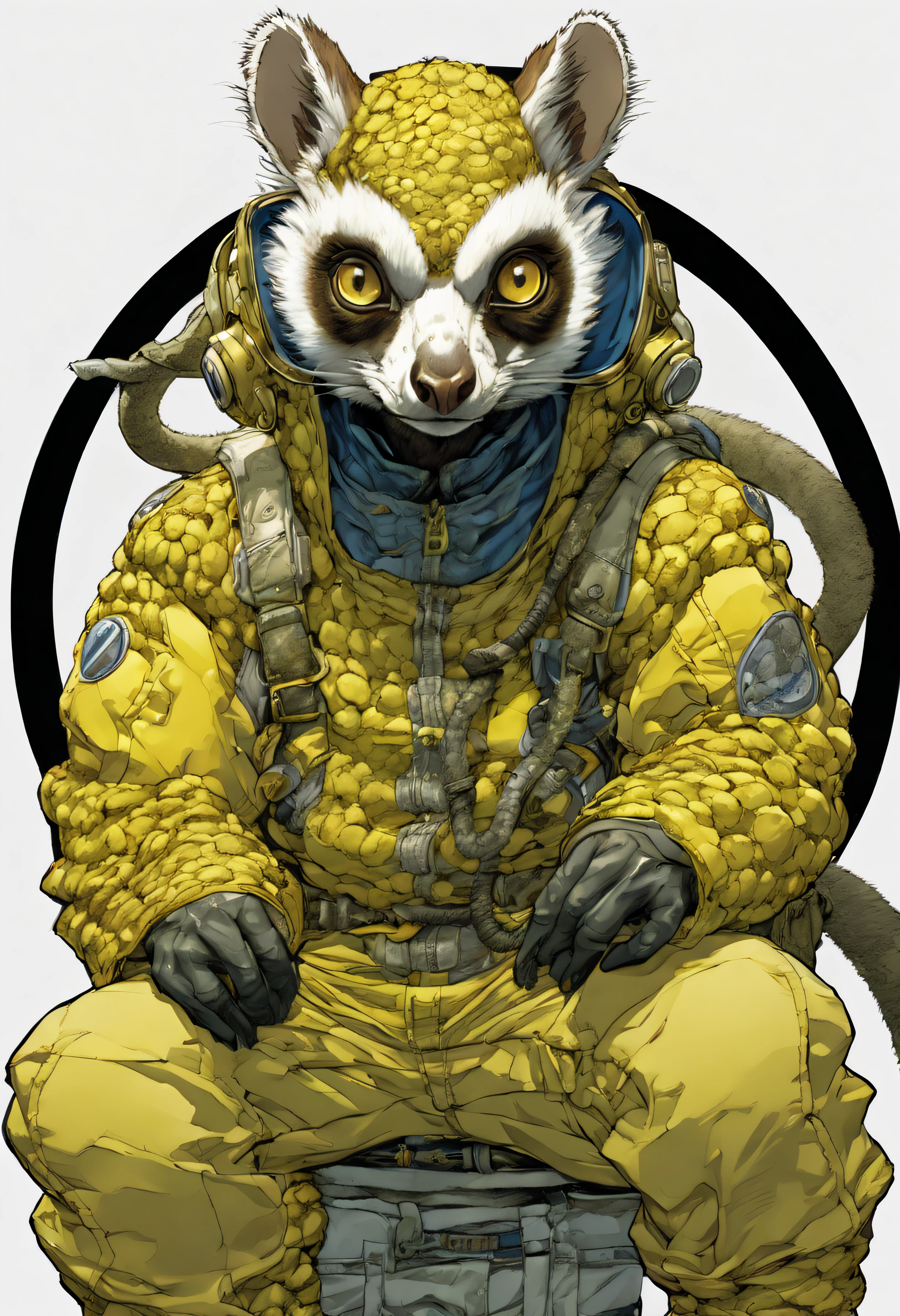 comics LEMUr, by Katsuya Terada, HD, manga, toon avatar,LEMUR, Katsuya Terada STYLE, POKEMON STYLE, LEMUR, YELLOW EYE, SNAKE skin ARMOR, SCALEs,LEMUR, YELLOW EYES, muppet, simple, stialized, chubby, , manga, contrast, poce, full body, dynamic poce, miletary gear, goggles, hood, by Katsuya Terada, clean, compact, simple