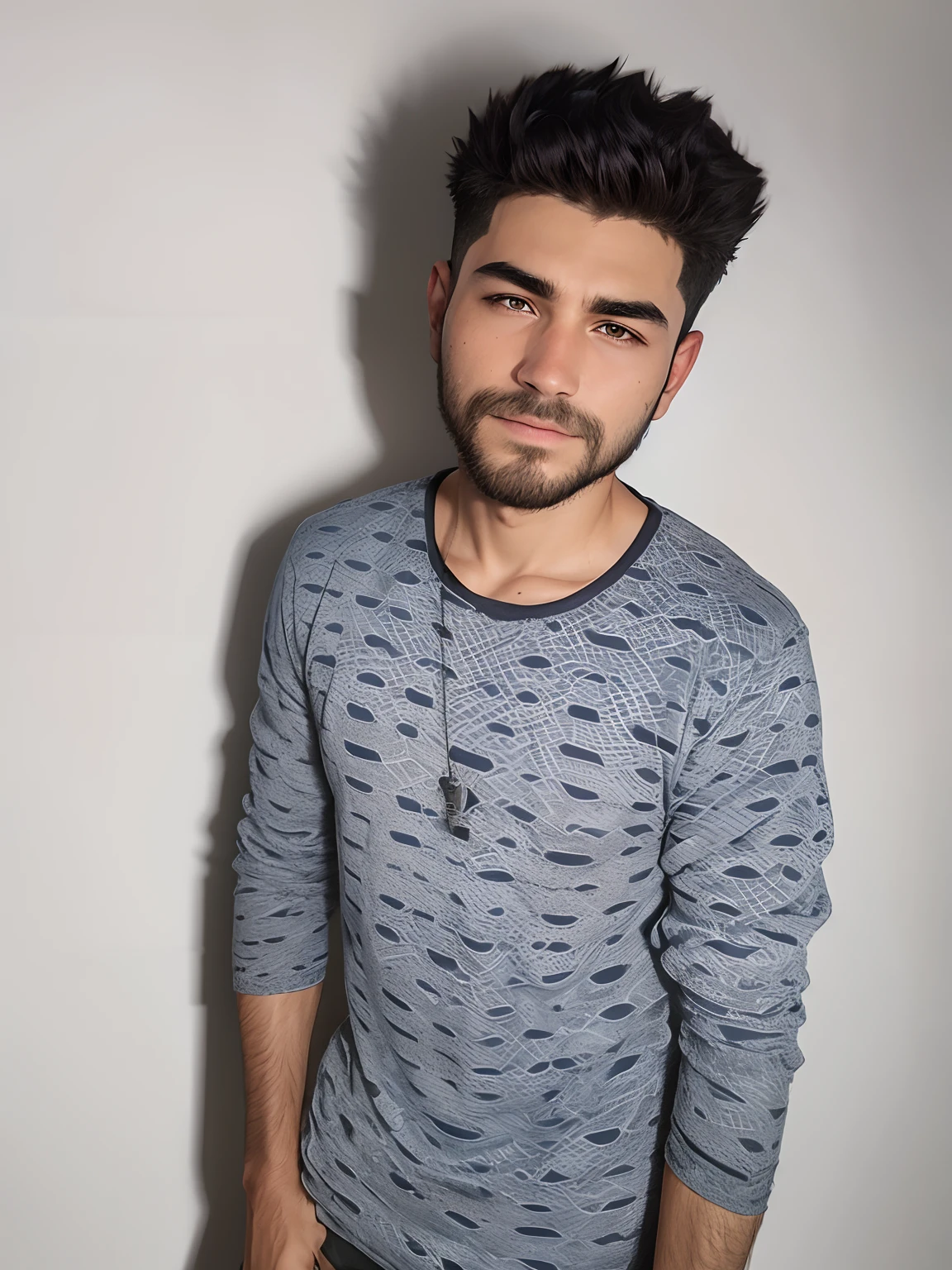 young man name urban legend with short spiky hair in Studio co seeing camera front sit on chair alone show full body