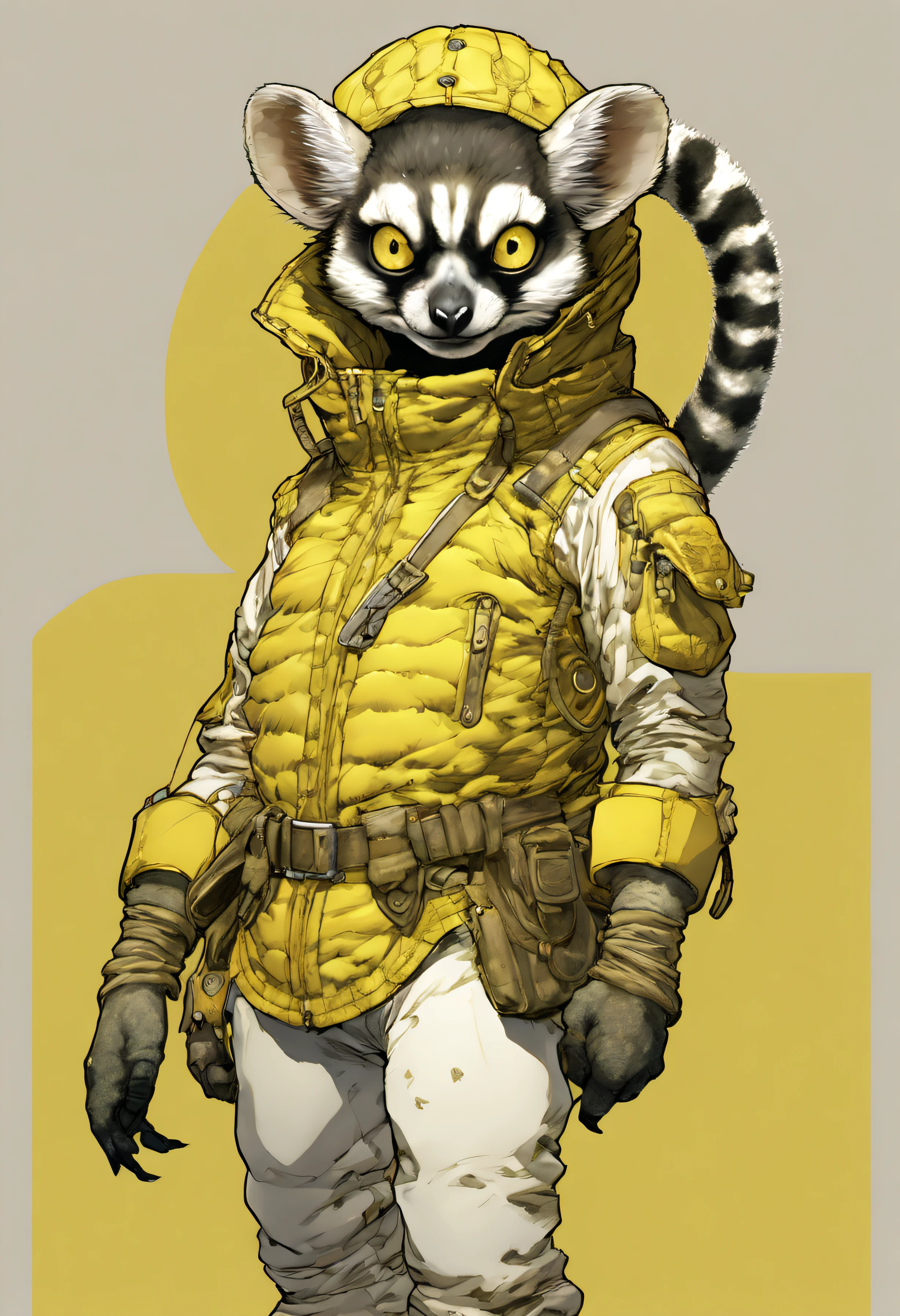 comics LEMUr, by Katsuya Terada, HD, manga, toon avatar,LEMUR, Katsuya Terada STYLE, POKEMON STYLE, LEMUR, YELLOW EYE, SNAKE skin ARMOR, SCALEs,LEMUR, YELLOW EYES, muppet, simple, stialized, chubby, , manga, contrast, poce, full body, dynamic poce, miletary gear, goggles, hood, by Katsuya Terada, clean, compact, simple