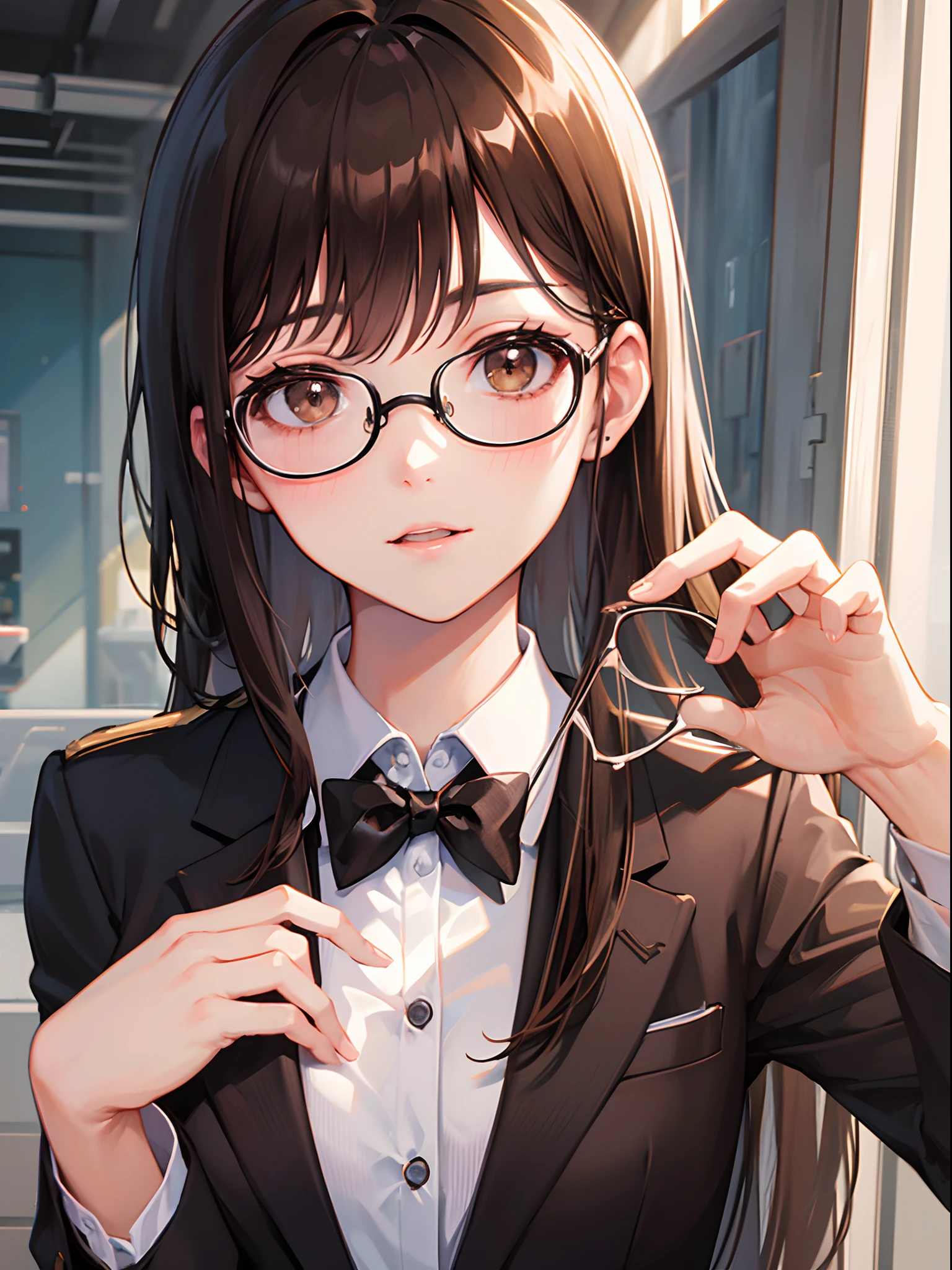 1 female、brown haired、Brown eyes、Black-rimmed glasses、Best Quality、ultra-detailliert、8K resolution、Raw photo、masutepiece、gorgeous faces、Perfect body、Blazer Uniform、On the rooftop
