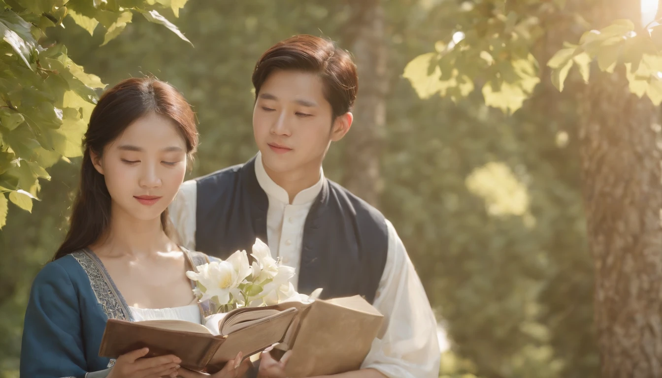 (Best Quality,Ultra-detailed,realisitic:1.37),portrait of a,Korean men and women reading the Bible,Oil Painting,Clothes for the cathedral, A view of the cathedral in the distance,Peaceful garden scene,Soft sunlight,tranquil expression,wisdom,Bible Quotes,vibrant colours,delicate brushwork,subtle textures,lush greenery,Contemplative atmosphere,Beautiful picture book,Highlighted features:Eyes in focus,gentle smiling,Graceful posture,Sunlight shining through the trees,rays,Quiet surroundings,serene ambiance,A Blessed Moment