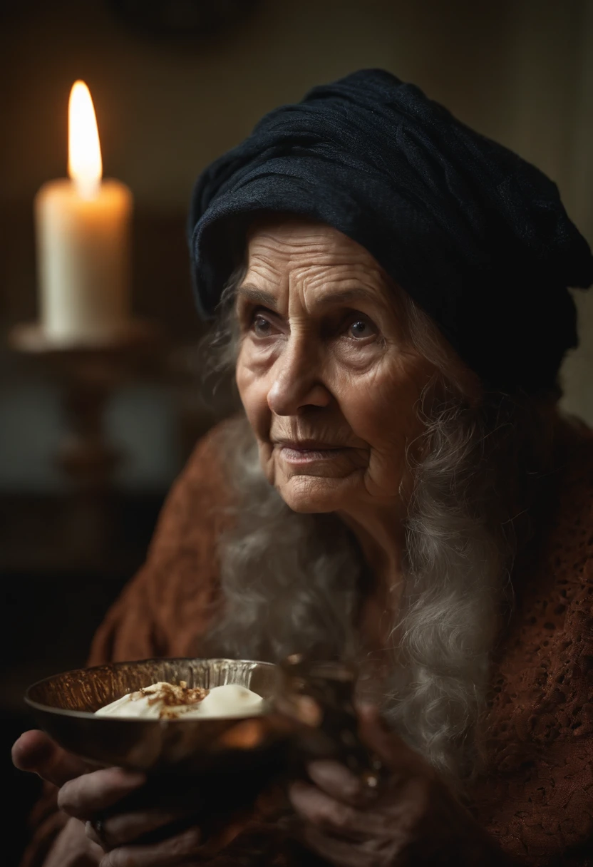 filme de terror, Cursed Old Woman, bruxa, cheia de rugas e cortes no rosto, na casa dos 90 anos, fundo de uma cozinha escura, olhos todos pretos, Roupas escuras, Rasgado, candle in hand, virado para a frente, detalhado no rosto,Realistic image,cabelos grisalhos,corvo