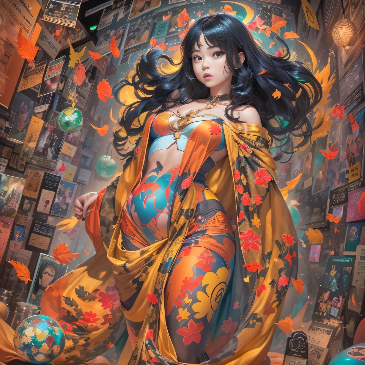 (Girl with bright black hair)(Best quality, A high resolution, Vivid colors, (Cartoon Goddess), (comic strip))Forged hammer pattern，belly-bar，oguchi，Flowing linen cape，sedate，massiness，Shiny and warm