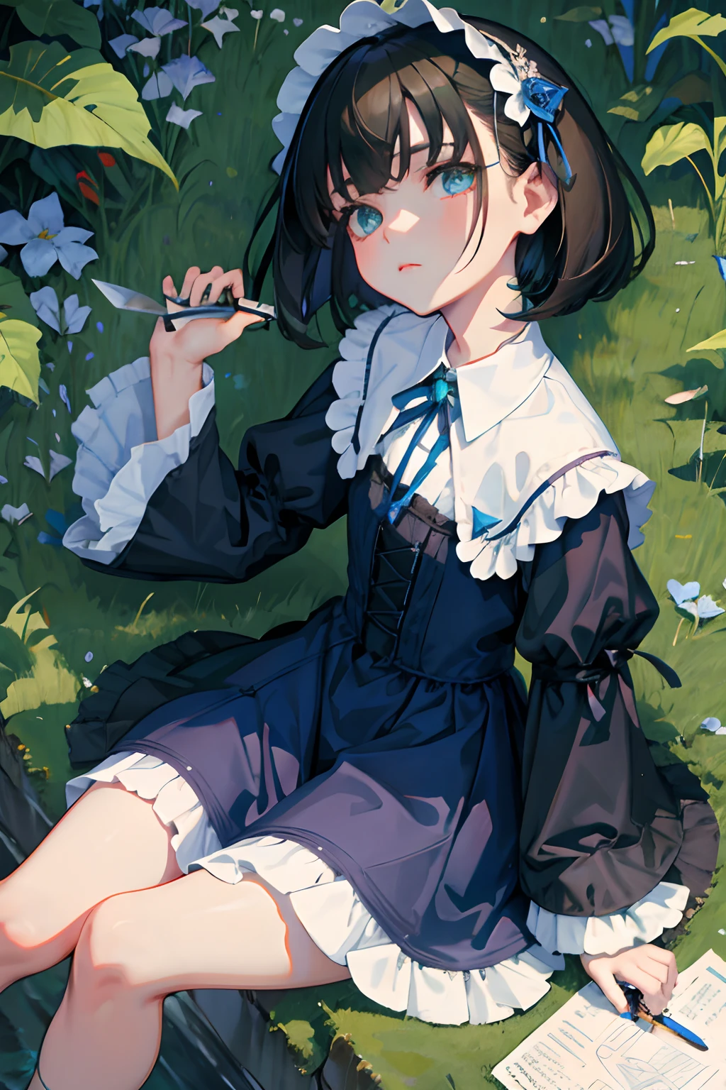 hand between legs,child,(masterpiece,Highest Quality),shortsleeves,Blue-green Gothic Lolita,Sleepy face,A dark-haired,Medium bob,utility knife,Small scissors
