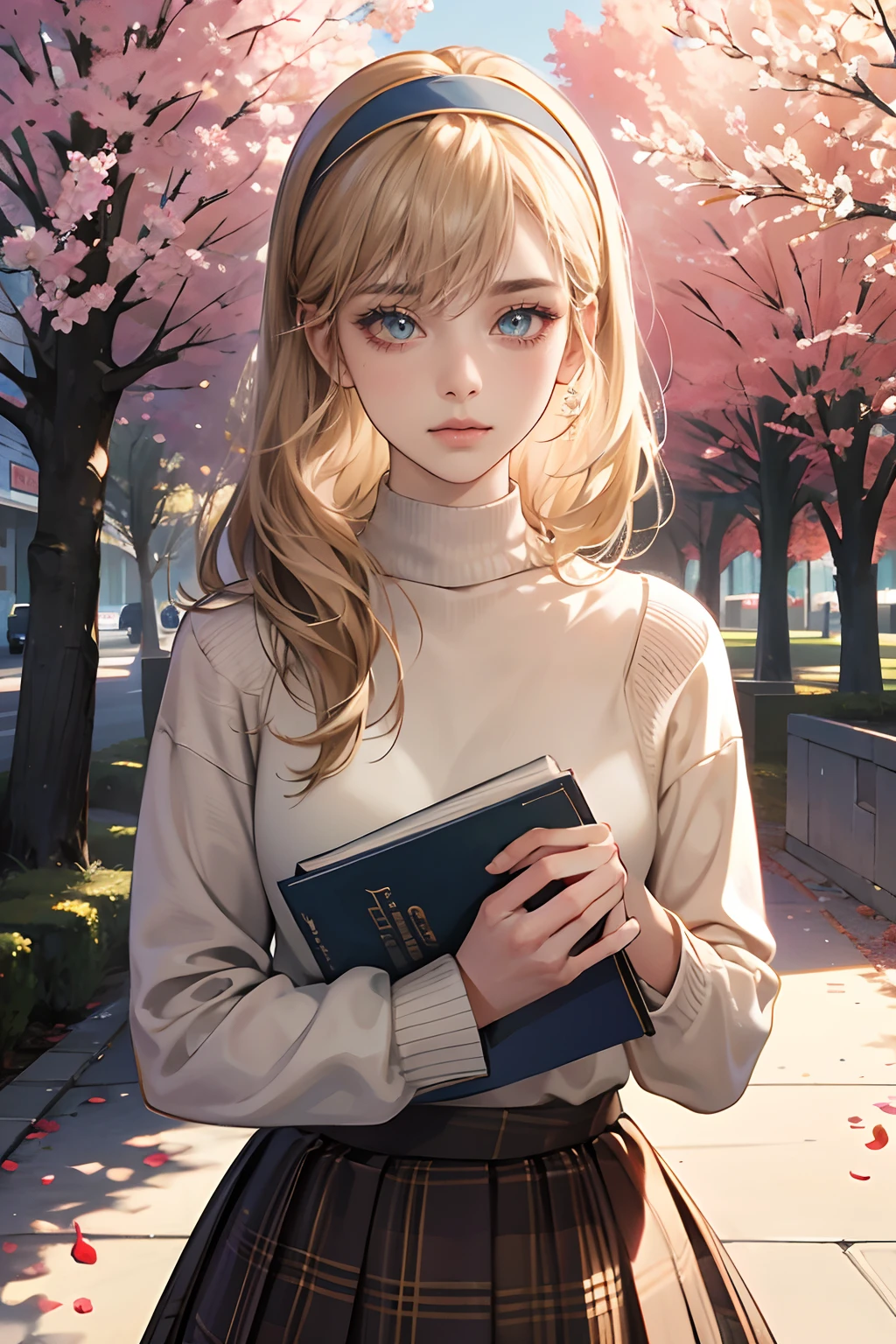 (tmasterpiece,high resolution,ultra - detailed:1.0),1 girl,(adult female), eyes looking to camera,Perfect female body, Delicate eyes and delicate face,Extremely detailed CG,Unity 8k wallpaper,Complicated details, solo person, Detailed face, (Shirts and sweaters,plaid skirt,beige hair,hair band,with a book in her hands),university building,out door,Flowers and trees,color difference, Depth of field,dramatic shadow, Ray tracing, Best quality, Cinematic lighting, offcial art,