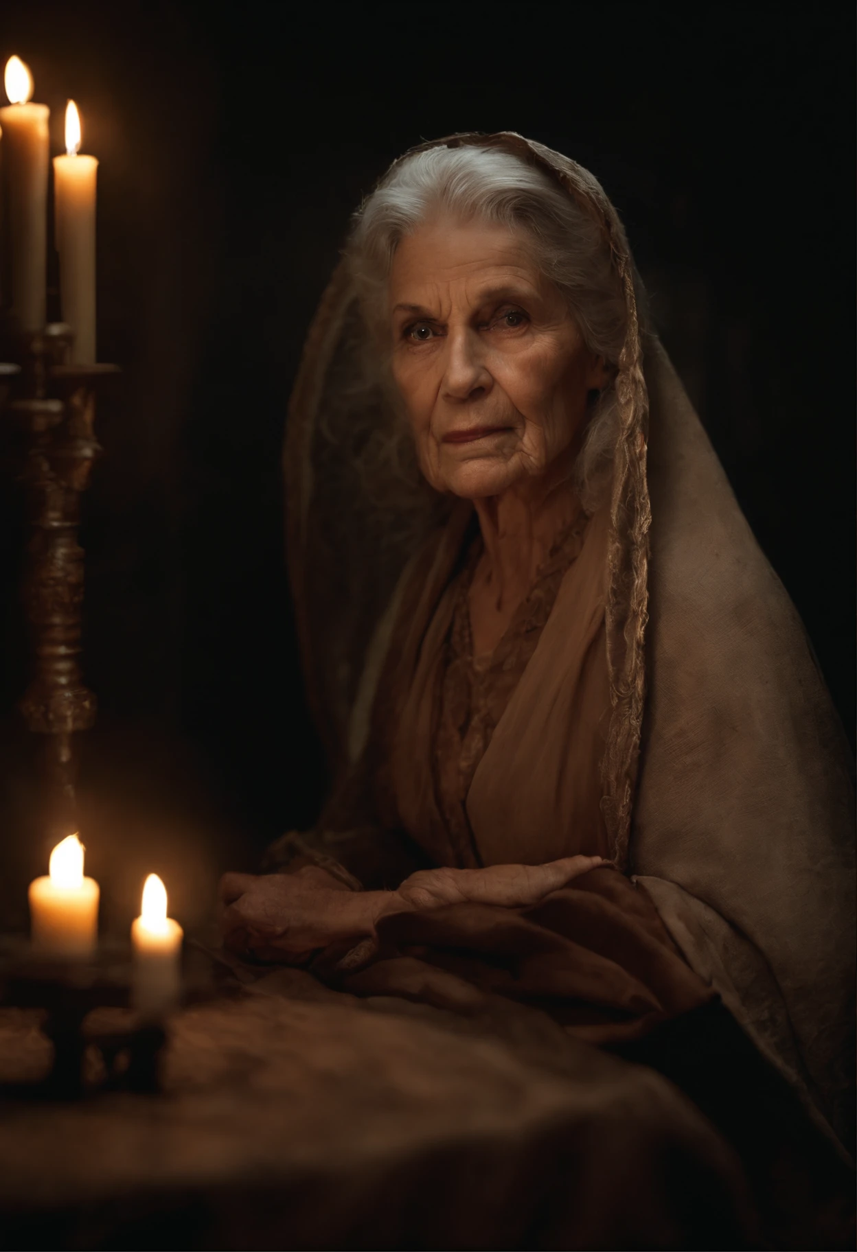 filme de terror, Cursed Old Woman, bruxa, cheia de rugas e cortes no rosto, na casa dos 90 anos, fundo de uma cozinha escura, olhos todos pretos, Roupas escuras, Rasgado, candle in hand, virado para a frente, detalhado no rosto,Realistic image,cabelos grisalhos,corvo