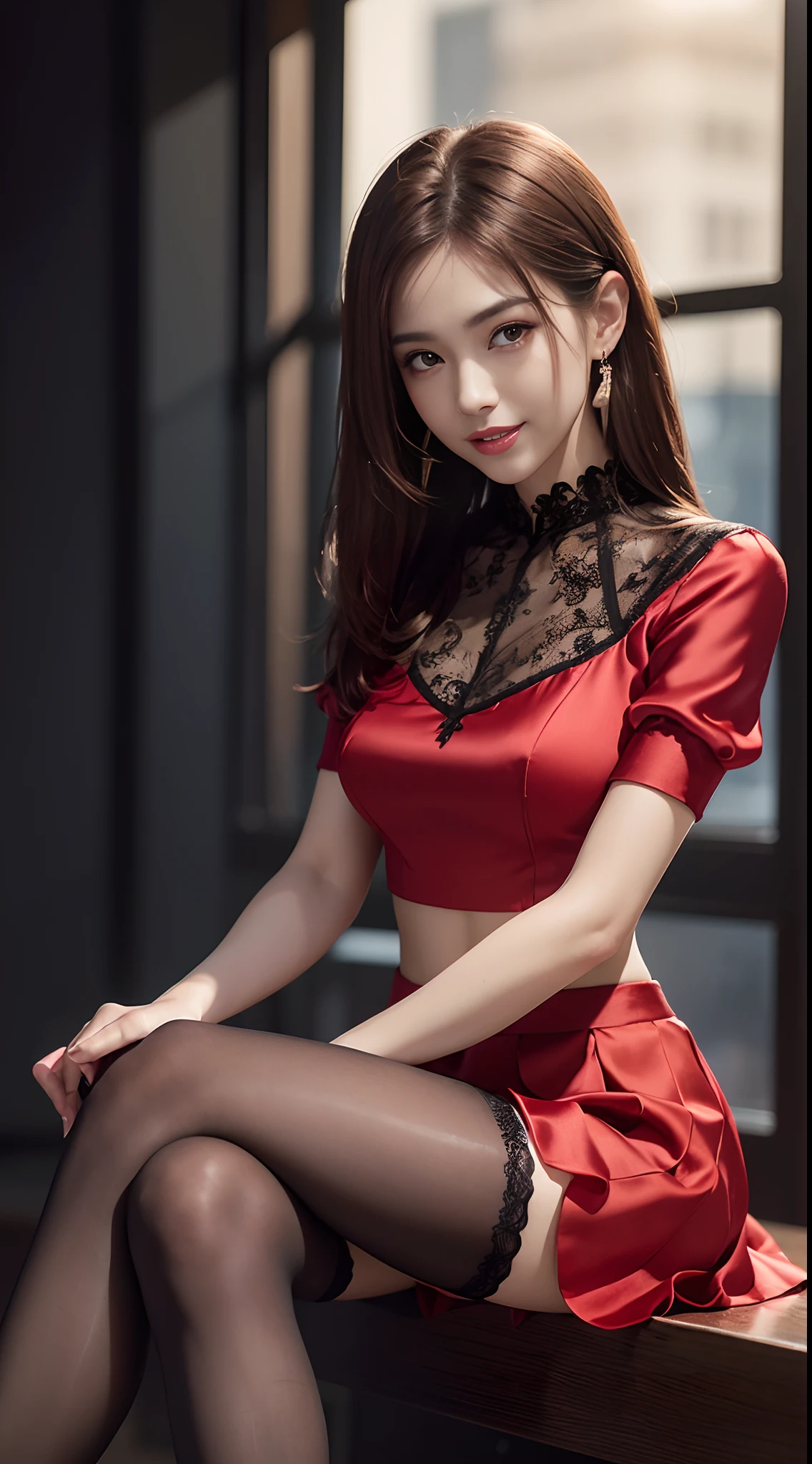 8k, masterpiece, RAW photo, best quality, photorealistic, extremely detailed CG unity 8k wallpaper, Depth of field, Cinematic Light, Lens Flare, Ray tracing, (extremely beautiful face, beautiful lips, beautiful eyes), intricate detail face, ((ultra detailed skin)) 1girl, in the dark, deep shadow, pretty Asian girl, idol, 1 girl, (very slim slender fit-muscled body:1.3), ((looking at viewer)),(big smile:1.3), (tight laced blouse), ((black red color blouse)), (laced short sleeve) , (city night, dark night, (blurred background), dim lights, cityscape, rooftops, beautiful earrings, bracelets, necklace, pantyhose, clear eyes, (pale skin), (big eyes), face forward, ((upper body shot)), ((silk red color skirt)),(brown hairs),((tight fitting skirt )), (looking at viewer:1.3), open breast, (very slim), medium breasts, (laced stockings ),((flooming laced blouse )), sitting, (high heels), crossing legs