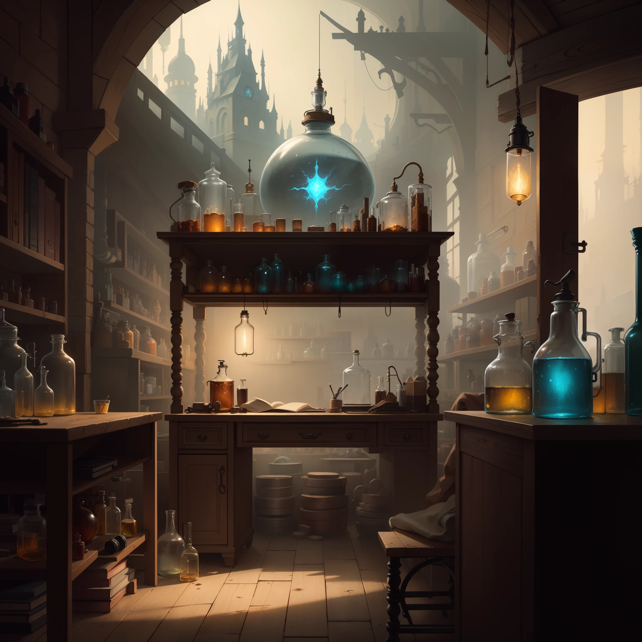 there is a room with a desk and a chair in it, fantasy alchemist laboratory, magic laboratory setting, mysterious laboratory, in a steampunk laboratory, magic lab background, wizards laboratory, surreal sci fi set design, science fantasy painting, 8 k high detail concept art, alchemy laboratory, highly detailed matte painting, realistic fantasy render, surrealism 8k, he is in a alchemist lab,