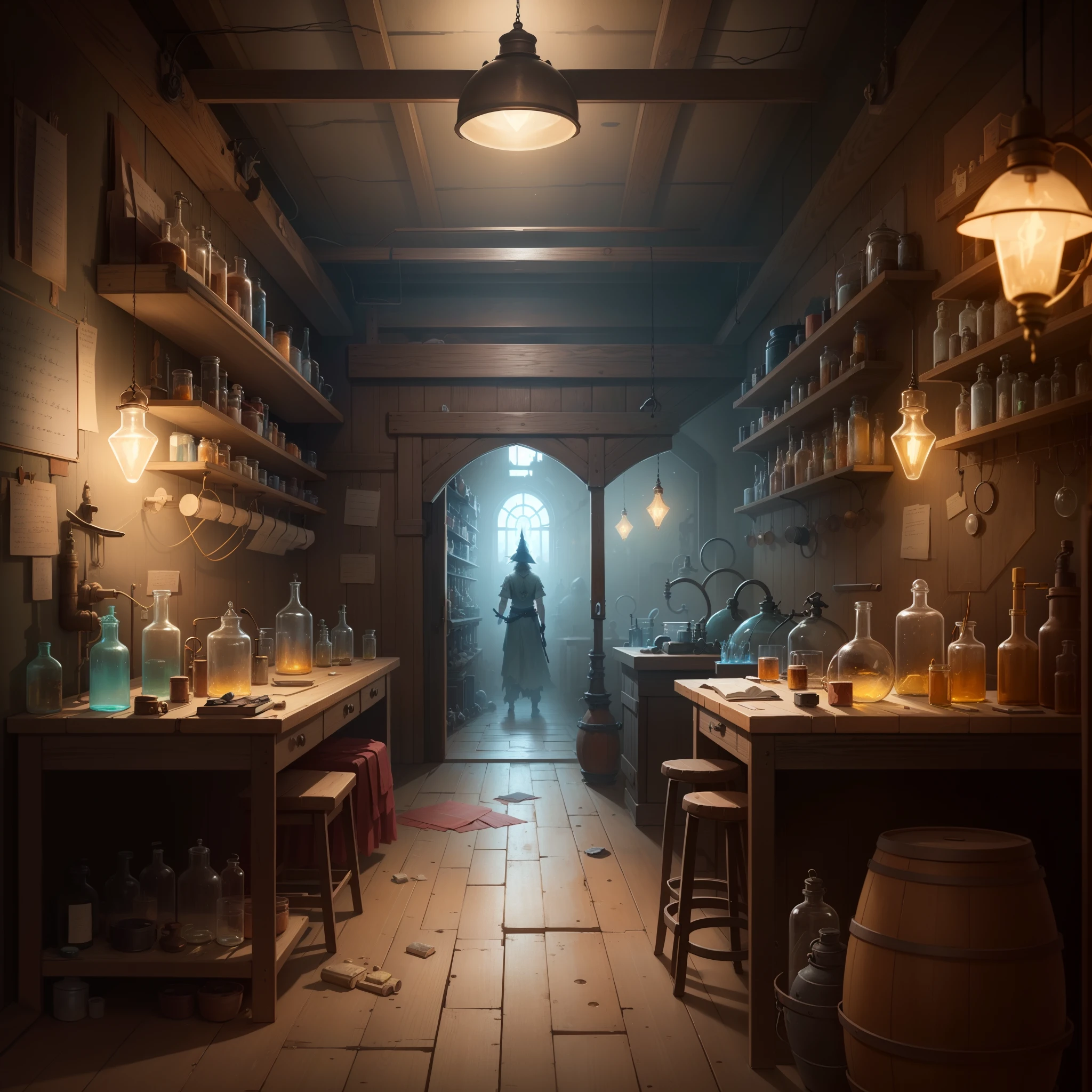 there is a room with a desk and a chair in it, a detailed matte painting by Alexander Kucharsky, polycount contest winner, fantastic realism, fantasy alchemist laboratory, magic laboratory setting, mysterious laboratory, in a steampunk laboratory, magic lab background, wizards laboratory, surreal sci fi set design, science fantasy painting, 8 k high detail concept art, alchemy laboratory,