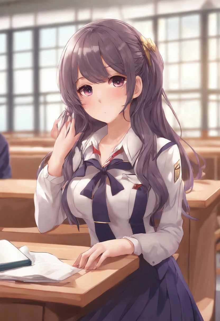 Chica de anime con un traje de escuela de pie en un aula un poco destruida, Lindo anime waifu en un bonito uniforme de escuela, Chica de cabello purpura de anime con cabello corto, Estilo anime 4K, Anime Moe Artstyle, high quality anime artstyle, Diosa del anime, Anime style. 8k, Chica anime con pelo largo, (Chica anime), Nico con un uniforme de escuela