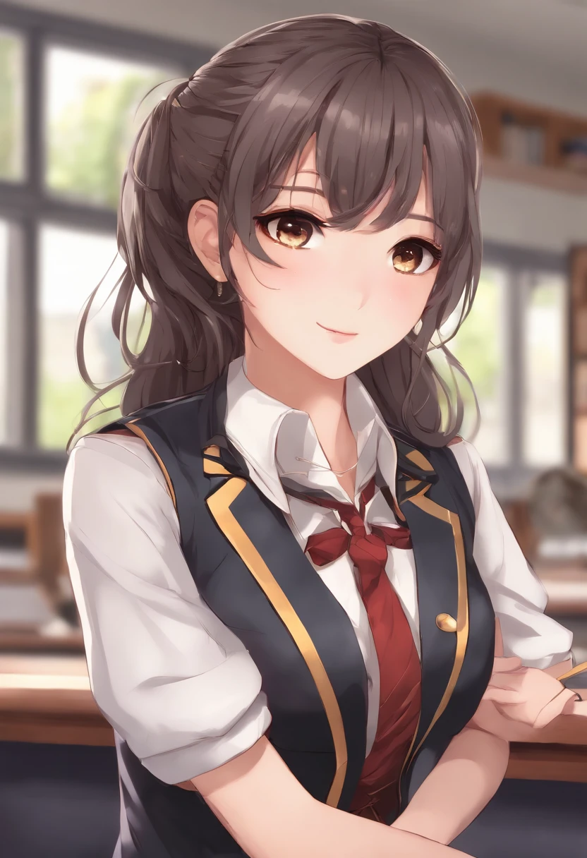Chica de anime con un traje de escuela de pie en un aula un poco destruida, Lindo anime waifu en un bonito uniforme de escuela, Chica de cabello purpura de anime con cabello corto, Estilo anime 4K, Anime Moe Artstyle, high quality anime artstyle, Diosa del anime, Anime style. 8k, Chica anime con pelo largo, (Chica anime), Nico con un uniforme de escuela