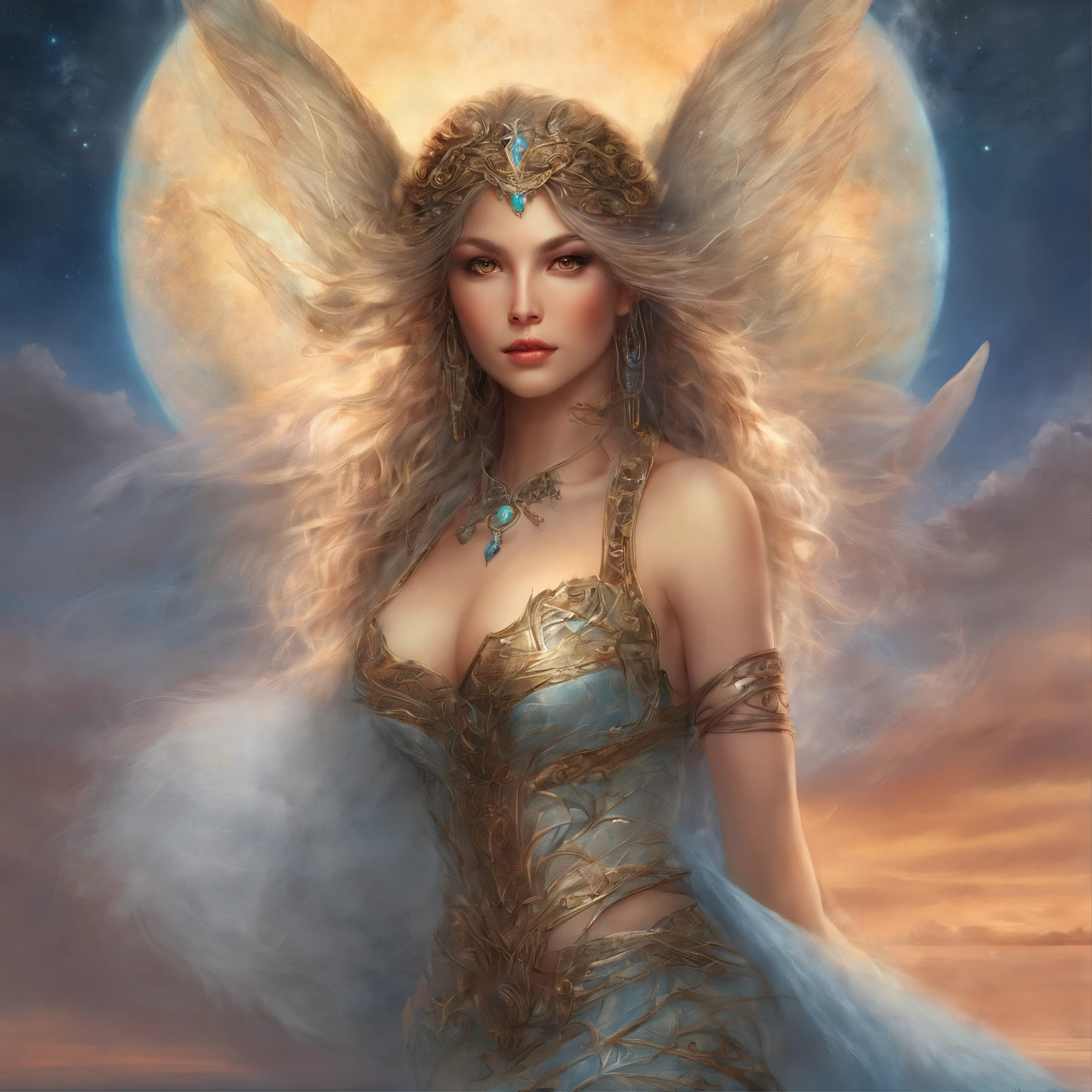 ((best quality)), ((masterpiece)), (detailed), alluring succubus, ethereal beauty, perched on a cloud, (fantasy illustration:1.3), enchanting gaze, captivating pose, delicate wings, otherworldly charm, mystical sky, (Luis Royo:1.2), (Yoshitaka Amano:1.1), moonlit night, soft colors, (detailed cloudscape:1.3), (high-resolution:1.2)