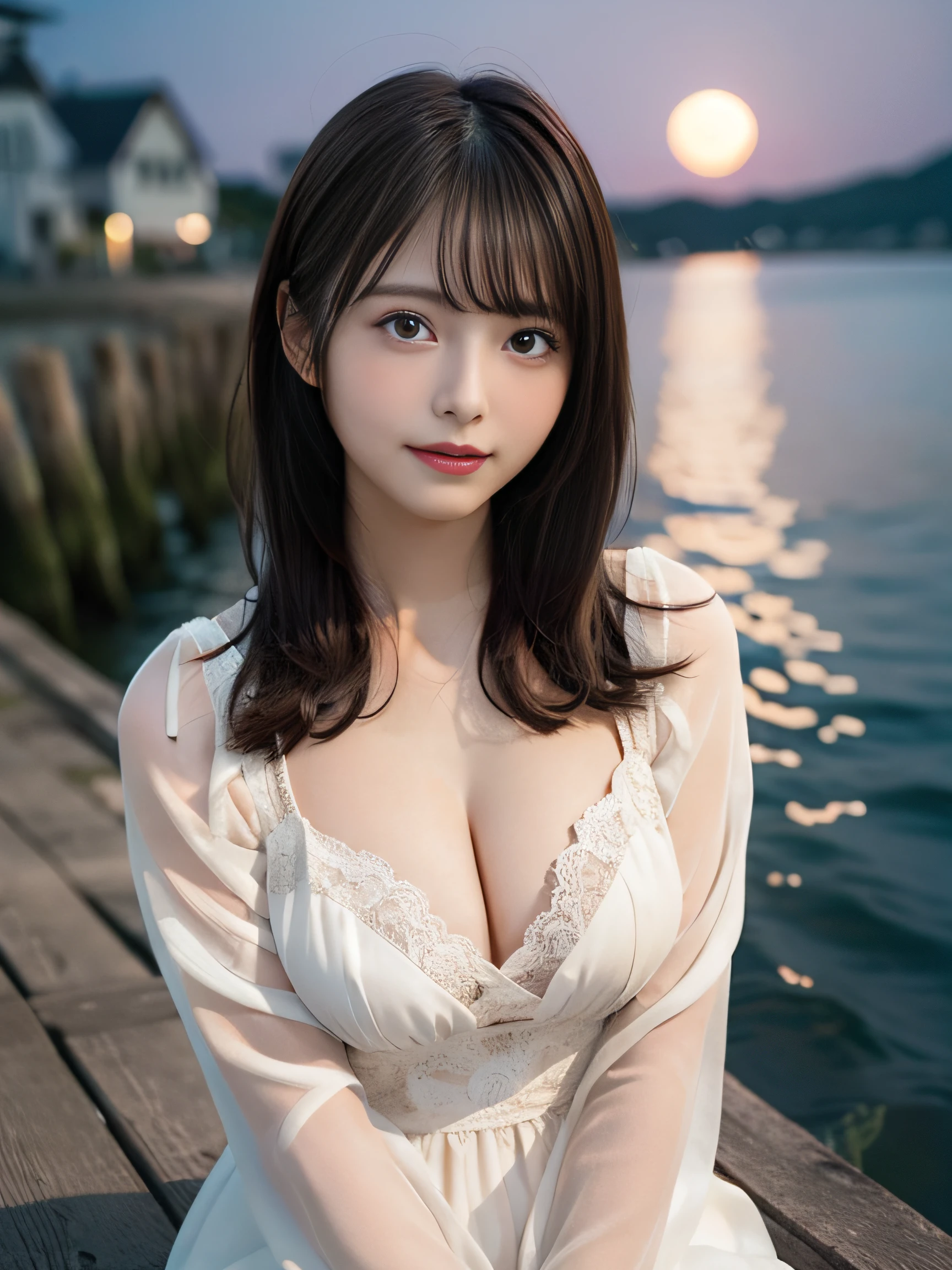 in 8K,Best Quality:1.4, 超A high resolution:1.5, (Photorealistic:1.4),masterpiece:1.2,(top-quality:1.4)、 Raw photo、 (the background is blurred), sea side, sand beach, 1日本人の女の子, Cute, (Solo:1.4), (Shy smile), Smooth skin、White dress、 (Brown medium hair,Bangs), (touch hair:1.4),nogizaka,,Supple fingertips,Beautiful black eyes、dual、natural skin textures:1.3, realistic eyes and face details:1.7、middlebreasts、Moon Night、Gravure Pose:1.1、Toned buttocks:1.5、gazing at viewer、harvest moon、fullmoon