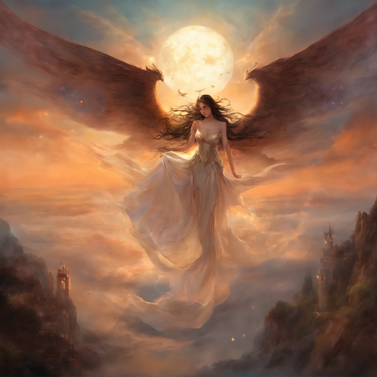 ((best quality)), ((masterpiece)), (detailed), alluring succubus, ethereal beauty, perched on a cloud, (fantasy illustration:1.3), enchanting gaze, captivating pose, delicate wings, otherworldly charm, mystical sky, (Luis Royo:1.2), (Yoshitaka Amano:1.1), moonlit night, soft colors, (detailed cloudscape:1.3), (high-resolution:1.2)