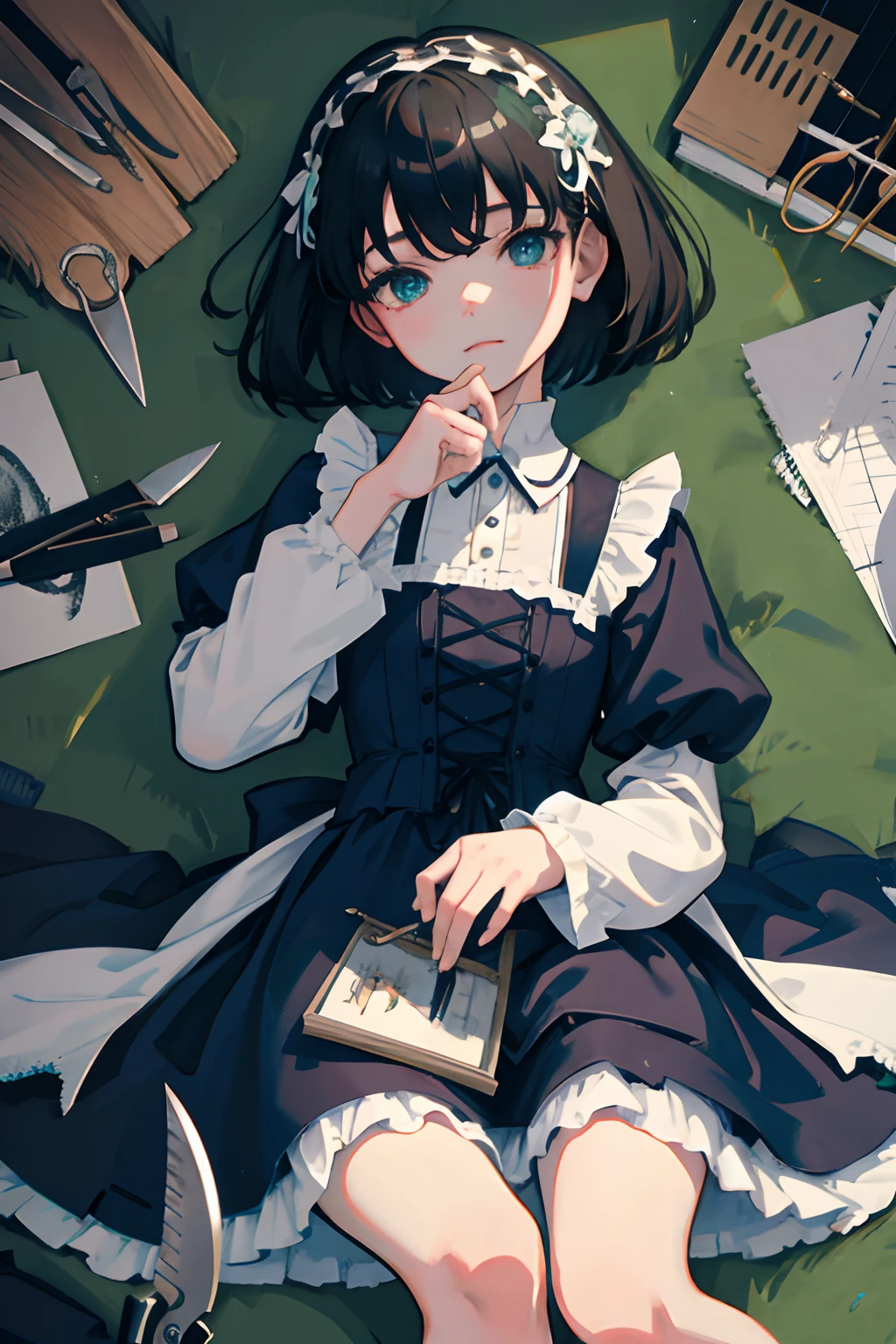 hand between legs,child,(masterpiece,Highest Quality),shortsleeves,Blue-green Gothic Lolita,Sleepy face,A dark-haired,Medium bob,utility knife,Small scissors