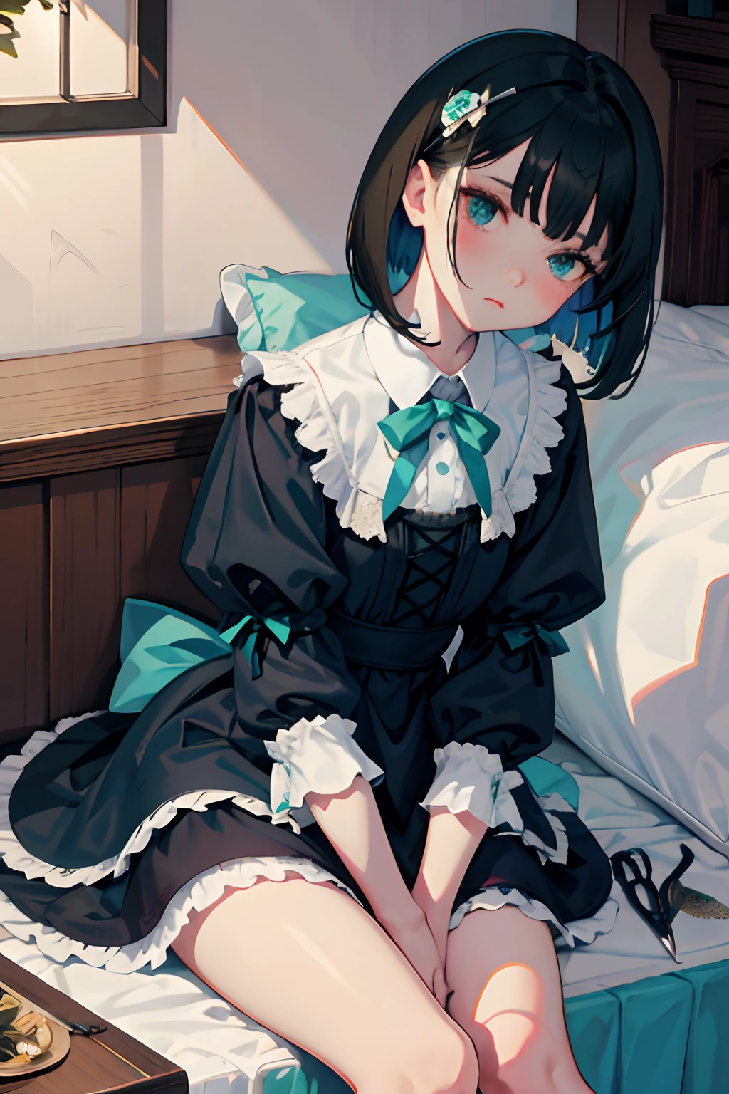 hand between legs,,(masterpiece,Highest Quality),shortsleeves,Blue-green Gothic Lolita,Sleepy face,A dark-haired,Medium bob,utility knife,Small scissors