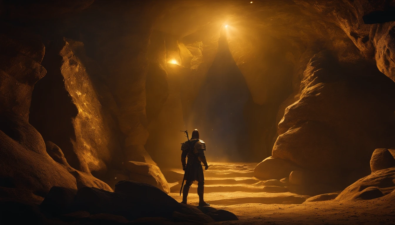 Soldier in golden armor. He is facing a dark cave. desert island, rocks. statues. mirological scenario. night, fire