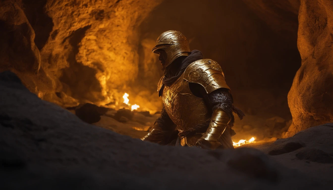 Soldier in golden armor. He is facing a dark cave. desert island, rocks. statues. mirological scenario. night, fire