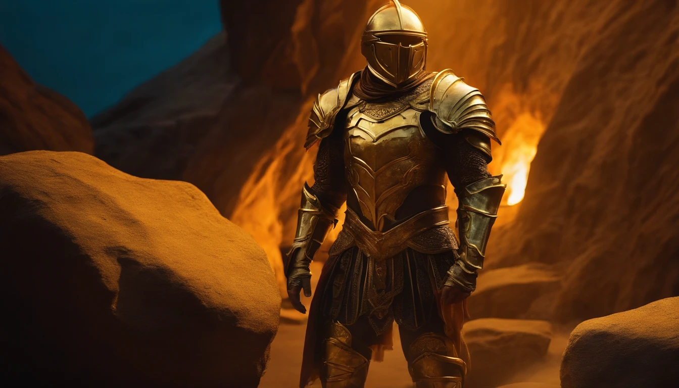 Soldier in golden armor. He is facing a dark cave. desert island, rocks. statues. mirological scenario. night, fire