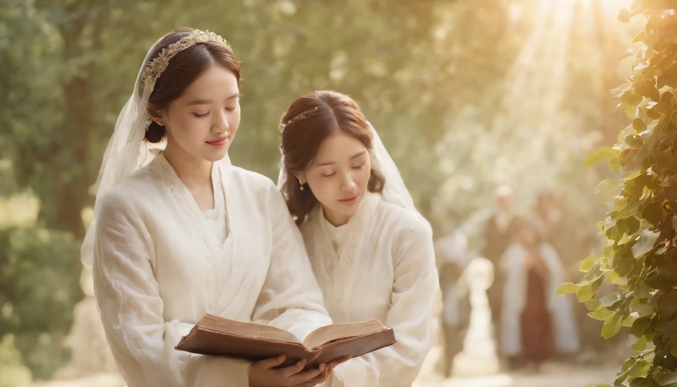 (Best Quality,Ultra-detailed,realisitic:1.37),portrait of a,Korean men and women reading the Bible,Oil Painting,Cathedral attire, View of the cathedral in the distance,Peaceful garden scene,Soft sunlight,tranquil expression,wisdom,Bible Quotes,vibrant colours,delicate brushwork,subtle textures,lush greenery,Contemplative atmosphere,Beautiful picture book,Highlighted features:Eyes in focus,gentle smiling,Graceful posture,Sunlight shining through the trees,rays,Quiet surroundings,serene ambiance,A Blessed Moment