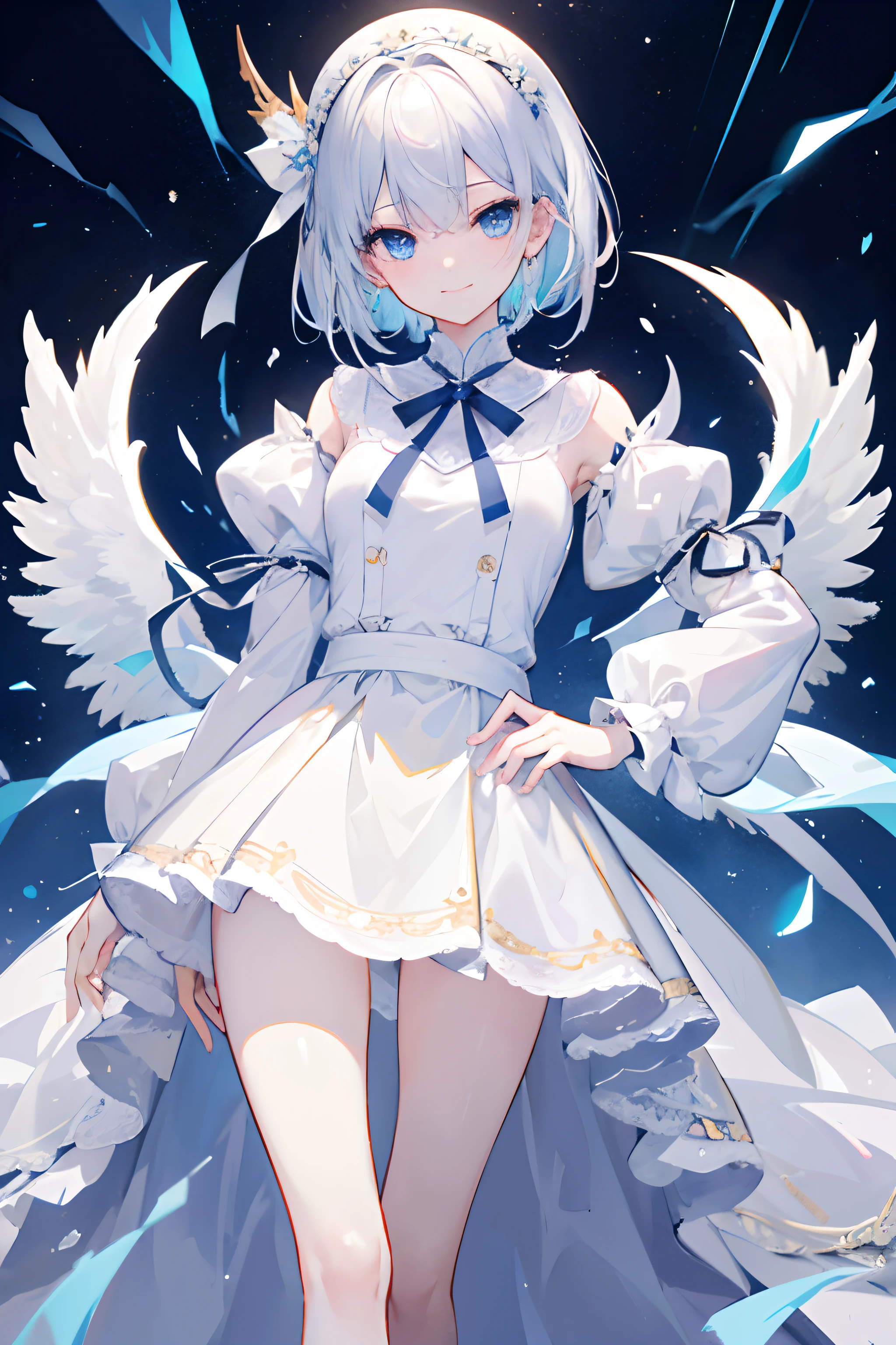 2D、masterpiece、top-quality、extremely detailed eye、extra detailed face、legs protruding from the frame,,、 1 人、独奏、is standing、white shirt、angelicales、short-hair、white ribbons、Hair Ribbon、light blue eyes、A smile、Straight
