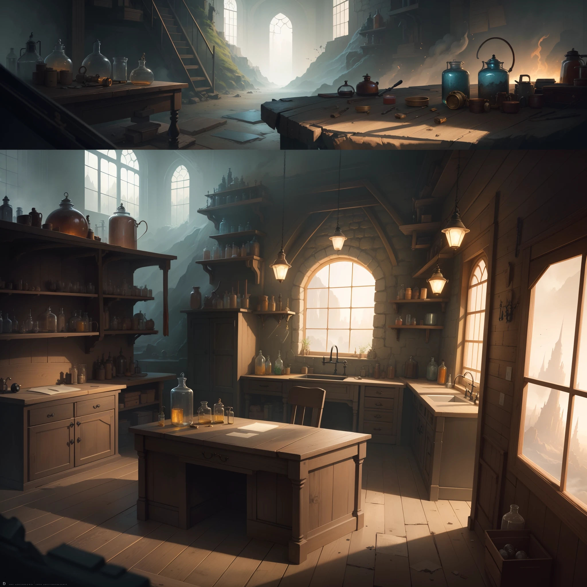 there is a room with a desk and a chair in it, a detailed matte painting by Alexander Kucharsky, polycount contest winner, fantastic realism, fantasy alchemist laboratory, magic laboratory setting, mysterious laboratory, in a steampunk laboratory, magic lab background, wizards laboratory, surreal sci fi set design, science fantasy painting, 8 k high detail concept art, alchemy laboratory,