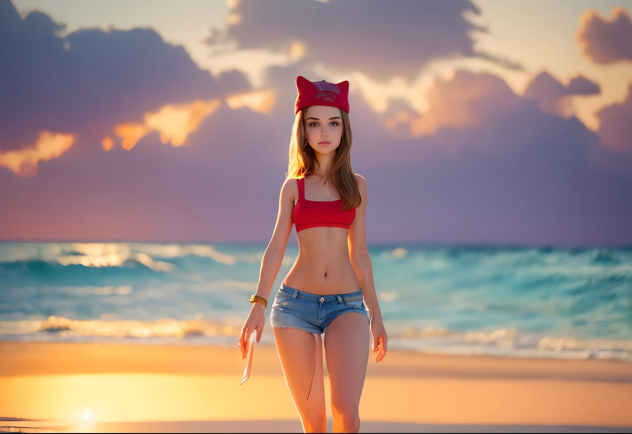 Make a beautiful young girl woman 18 years old sexy model beautiful perfect blue eyes, straight hair, brown hair mixed fox, hybrid fox, tail, hair, ears, human body human fox, cute Wearing red bikini, standing taking selfie fox woman fox girl 