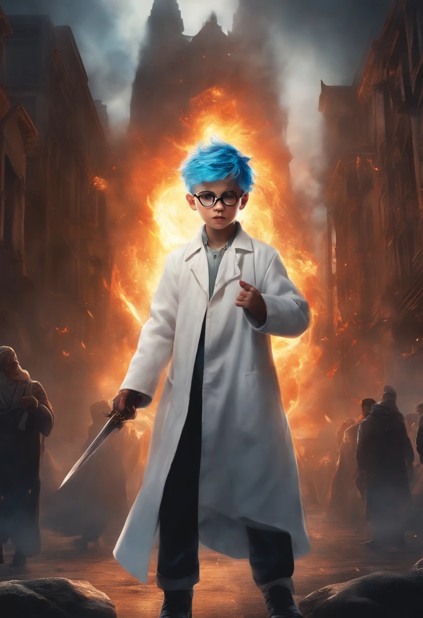 (a detailed picture,high quality,A boy with fiery blue hair, wearing a white coat, with glowing red eyes, and a wise expression, standing in a distorted city. The boy is about 100 years old, and his eyes have a dead, intense stare. He is surrounded by souls and immortals, engaged in an intense fight. The boy seeks revenge with his destructive ability, aiming to exorcise the evil that plagues the city. angry face. exorcist ability. epic battle stance. flying away spirit. covered by smoke. epic background. smiling. badass. awakening powers. wearing glasses. being controlled by a evil spirit.)