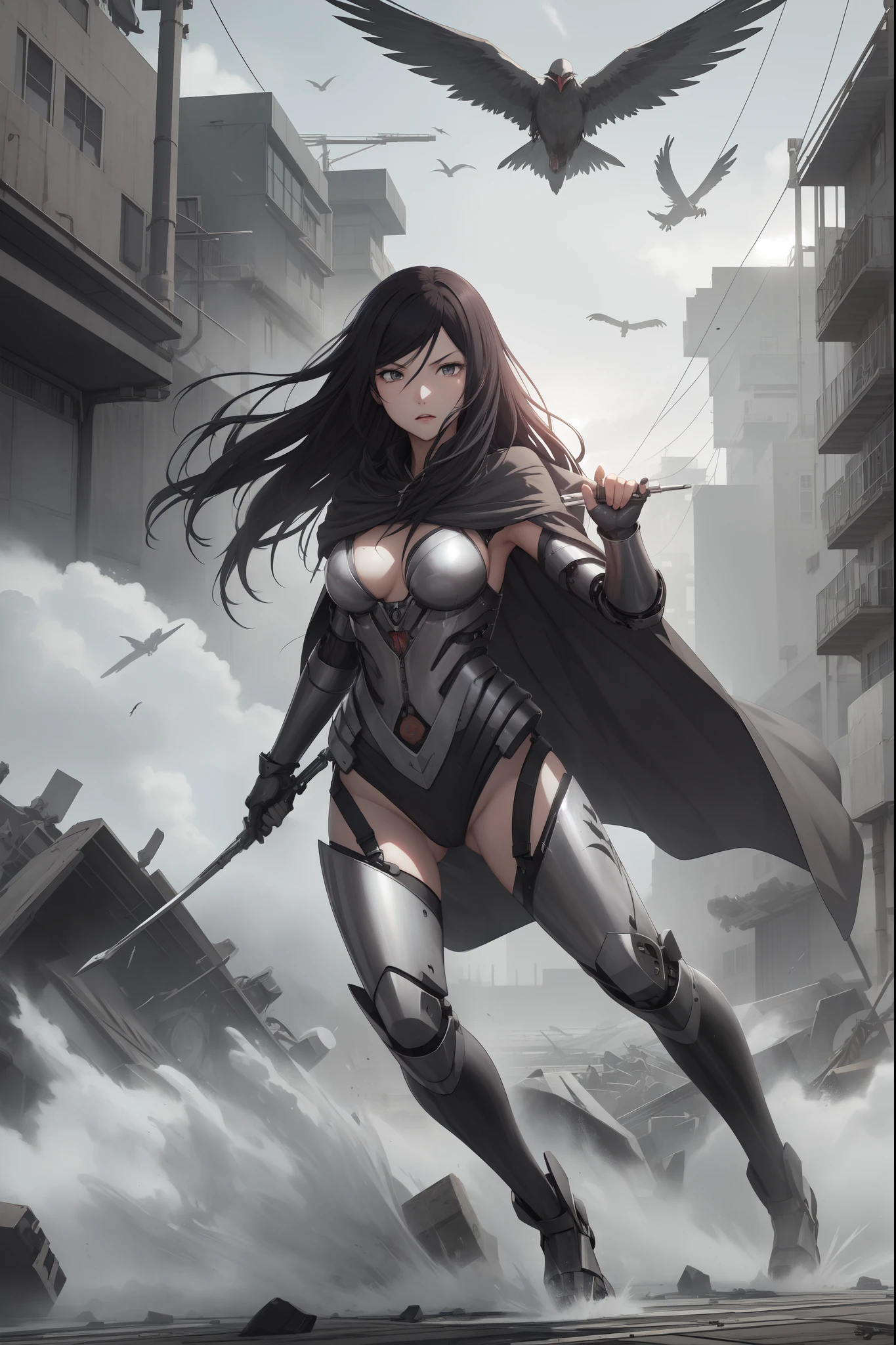 generate a High quality image of kurihara Mari from prison school, black long hair, grey eyes, full body view, (wearing mechanical white Armour, cape), running in a destroyed futuristic city, cinematic shadow, cinematic fog, crows in the sky. holding a weapon,