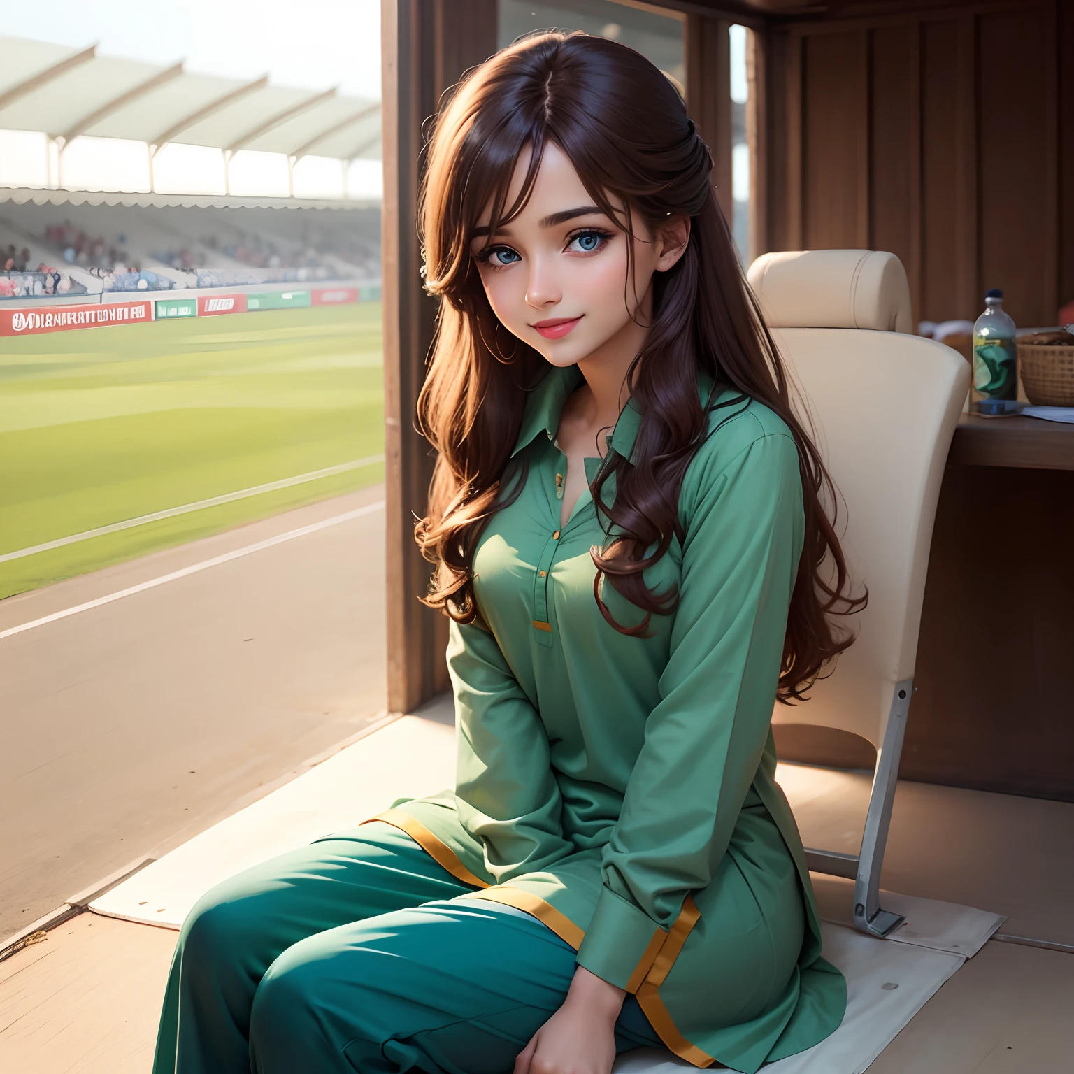 Cute girl blue eyes, long brown hairs, smooth face, green shalwar and kameez, red lipstick, beautiful hair style, smile on face, sitting in a cricket stadium watching cricket match