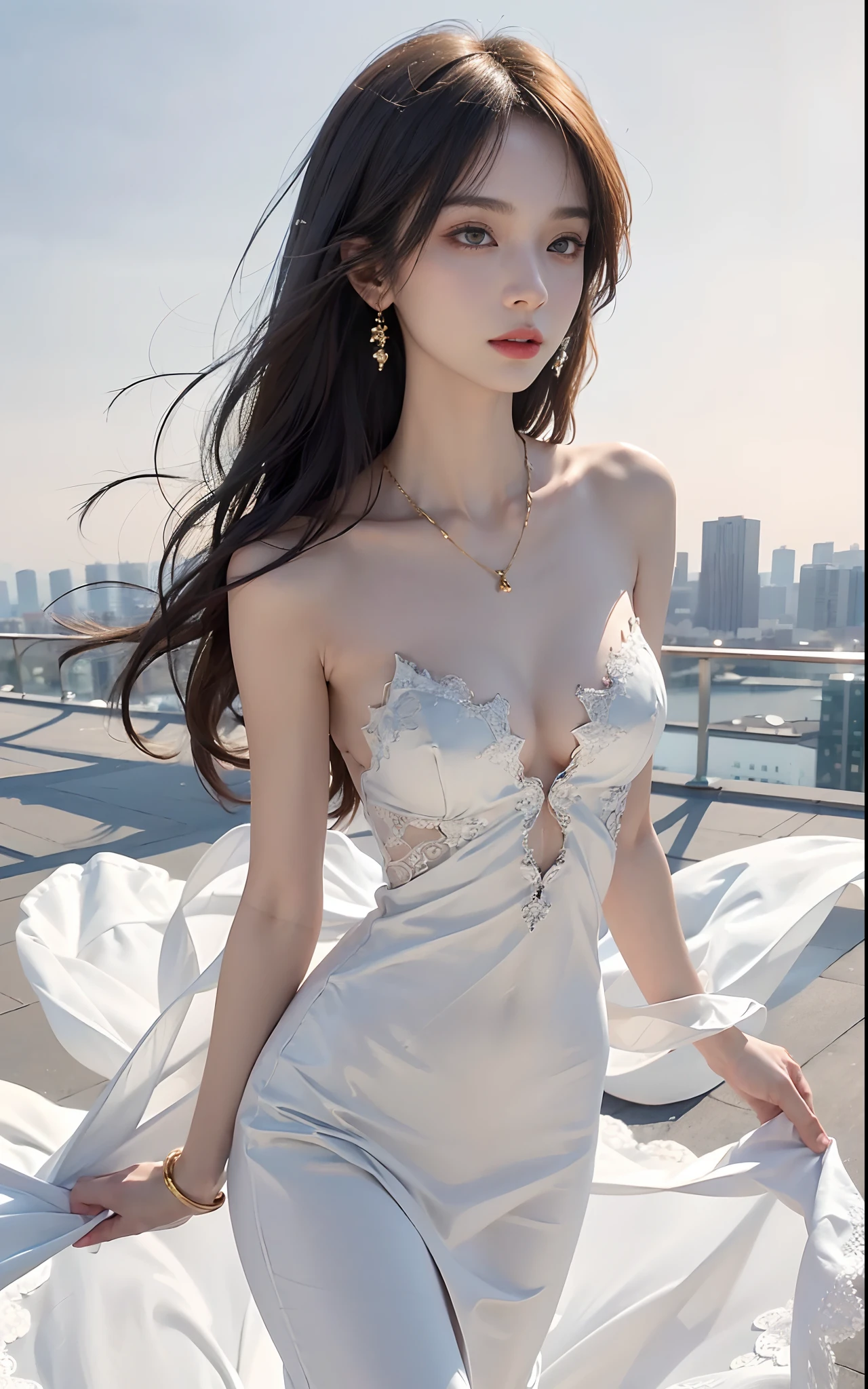The ultra -The high-definition、top-quality、8K picture quality、1 girl、Very sexy body、A slender、The face of the golden ratio、The body of the golden ratio、 depth of fields, Cinematic Light, Lens Flare, Ray tracing, (Extremely beautiful face, Beautiful lips, Beautiful eyes), intricate detail face,  In the Dark, deepshadow, (Very slim and slender fit muscular body:1.3), ((Looking at Viewer)), (tight lace dresses),  roof-top, Cityscape, Midnight, Beautiful earrings, a necklace,  Clear eyes, Walking , Front shot, (pale skin), (Big eyes), Face forward, (Full body shot)