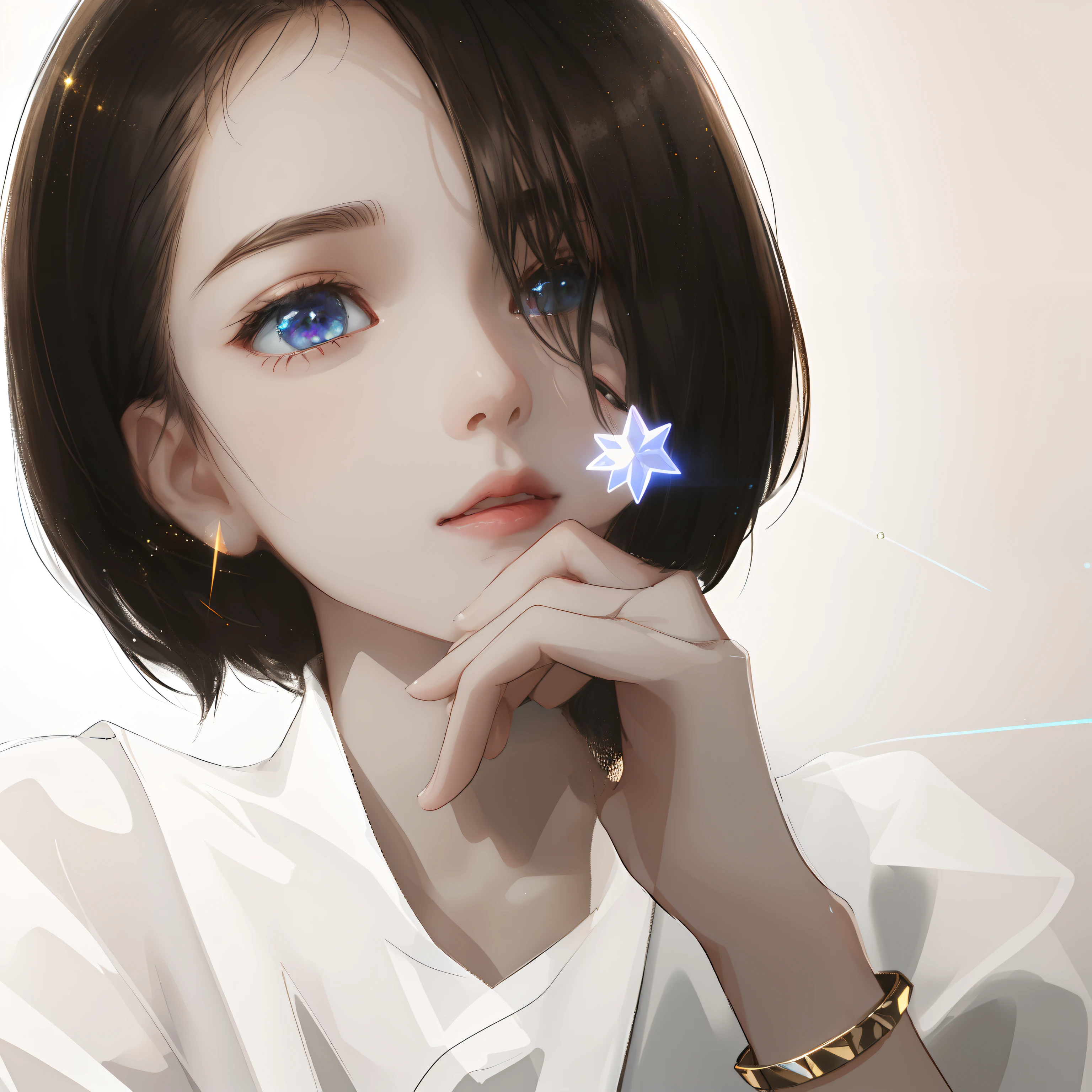 in a white shirt,Arad woman with watch on her wrist, with short hair, (best qualtiy),ultra - detailed,Ultra photo realsisim,Octane renderer,HighDynamicRange,(HDR),32K resolution,Super resolution,megapixel,
The Tyndall effect,lens flare glow,shadowing,Contre-Jour, depth of fields, natural lightting, Hard focus, filmgrain, Mirror light hologram,Ray traching,Semi-reflective illumination,Natural lighting,Incandescent Lamps,fiber-optics,gentle illumination,volumettic light,Contre-Jour,globalillumination,Ray traching,optics,Scattering,with light glowing,shadowing,twinkle,Harsh lighting,