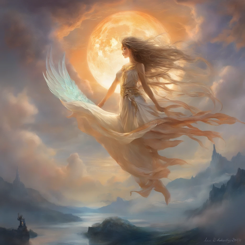 ((best quality)), ((masterpiece)), (detailed), alluring succubus, ethereal beauty, perched on a cloud, (fantasy illustration:1.3), enchanting gaze, captivating pose, delicate wings, otherworldly charm, mystical sky, (Luis Royo:1.2), (Yoshitaka Amano:1.1), moonlit night, soft colors, (detailed cloudscape:1.3), (high-resolution:1.2)
