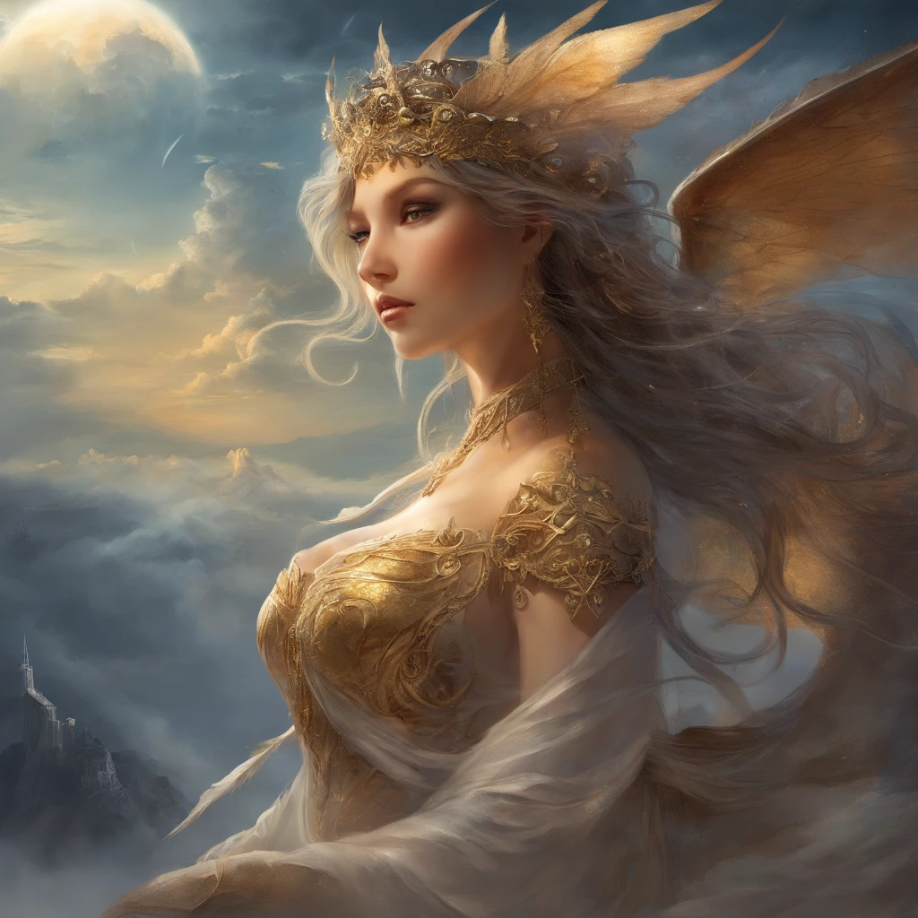 ((best quality)), ((masterpiece)), (detailed), alluring succubus, ethereal beauty, perched on a cloud, (fantasy illustration:1.3), enchanting gaze, captivating pose, delicate wings, otherworldly charm, mystical sky, (Luis Royo:1.2), (Yoshitaka Amano:1.1), moonlit night, soft colors, (detailed cloudscape:1.3), (high-resolution:1.2)