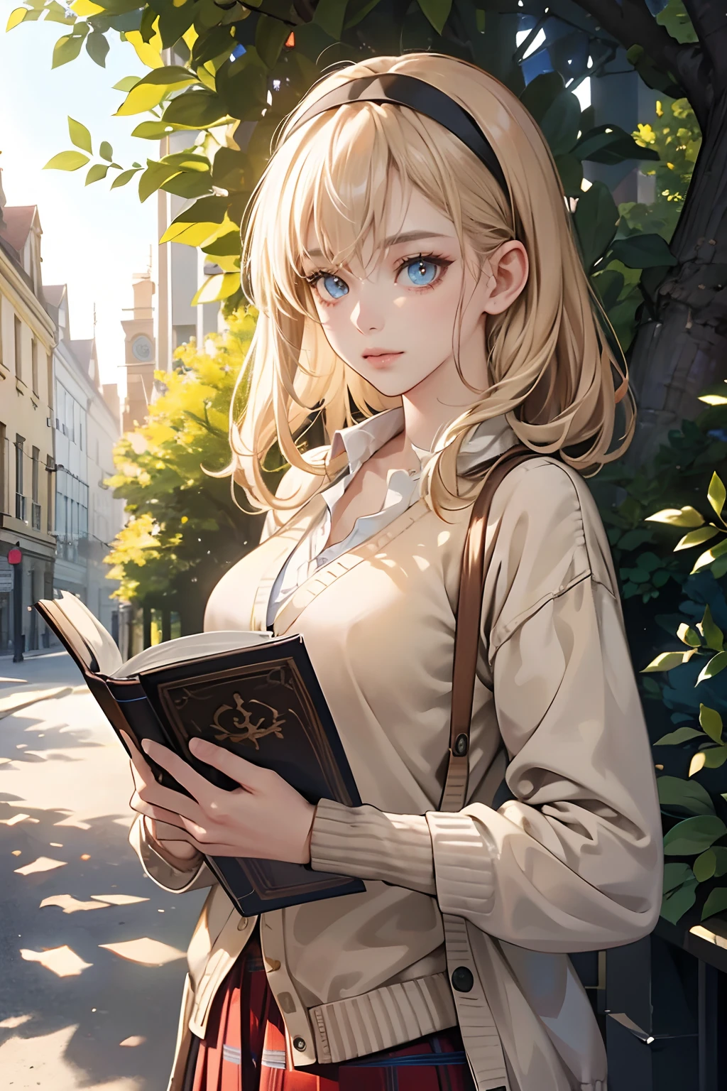 (tmasterpiece,high resolution，ultra - detailed:1.0),1 girl,(adult female), eyes looking to camera,Perfect female body, Delicate eyes and delicate face,Extremely detailed CG,Unity 8k wallpaper,Complicated details, solo person, Detailed face, (cardigan,plaid skirt,beige hair,hair band,with a book in her hands),university building,out door,Flowers and trees,color difference, Depth of field,dramatic shadow, Ray tracing, Best quality, Cinematic lighting, offcial art,