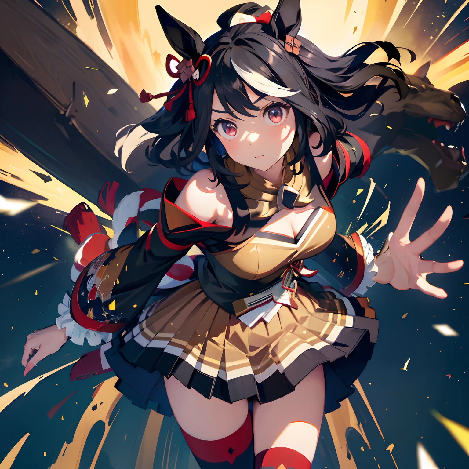 「​masterpiece,top-quality,a closeup,Face Shots,kitasan black_(Umamusume), 1girl in,Animal ears ,Horse ears ,Horse Girl ,Horse tail,masutepiece, Best Quality,Hair Ribbon, Hair Ornament, Fingerless gloves, yellow gloves, Komono, Long sleeves, Wide sleeves, Detached sleeves, Bare shoulders, Clothes Cutout, cleavage cutout, Kohaku ship, Brown skirt, Pleated skirt, zettai ryouiki, black thighhighs, Sandals, red footwear, 」