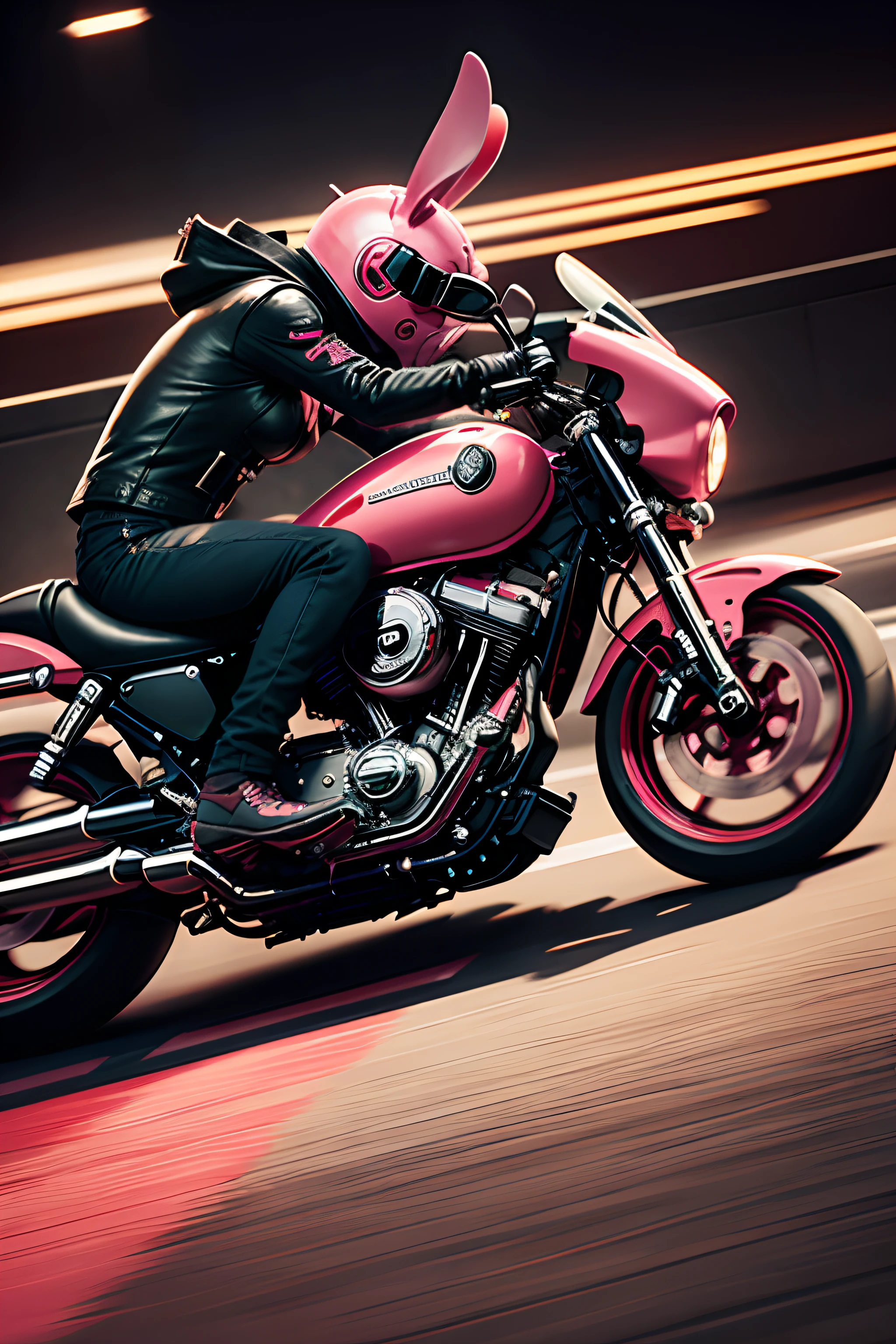 drawing of a pink rabbit on a red and black Harley Davidson driving at full speed in the night