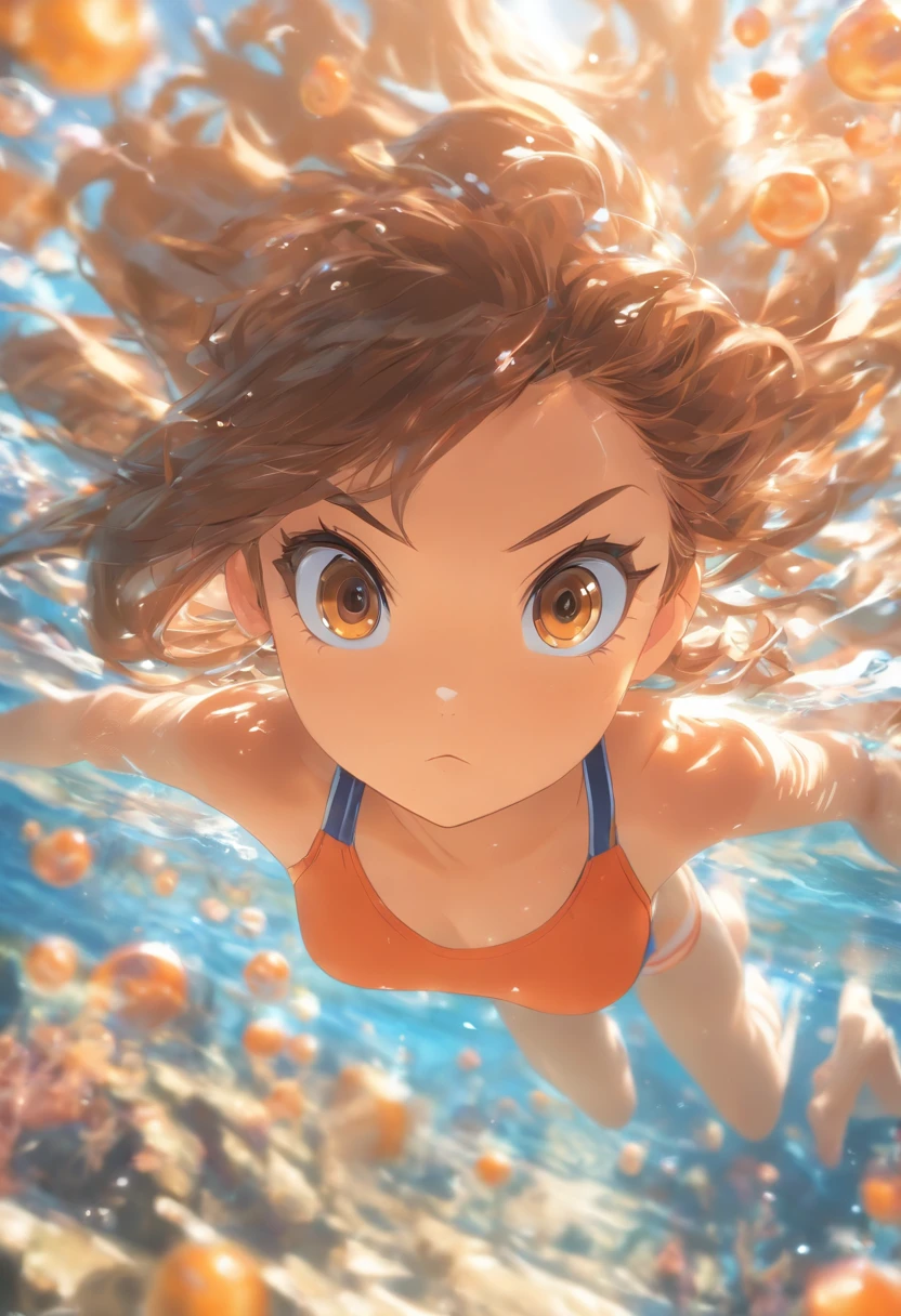 foreshortening, depth of field, masterpiece, best quality, 1girl, brown hair, brown eyes, long hair, underwater, air bubble, solo, looking at viewer, school swimsuit, swimming, dappled sunlight,