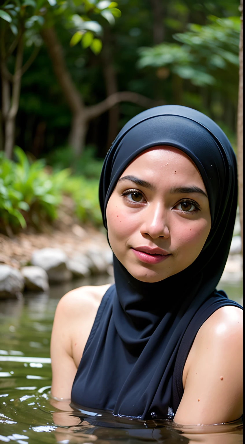 (2 young malay girls:1.3), malay face,(Naked:1.3), (hijab:1.4), Beautiful breasts, (Details of a very beautiful face), wear pastel color hijab, detail skin texture,  (Best Quality:1.4), 8K resolution, High resolution, (Photorealistic, High resolution:1.4), Raw photo, (Realistic, Photorealsitic:1.37), Gloss on lips, Parted lips, Staring at me, Nose, Realistic, the woods, cinematic lighting, taking bath in river, wet body, wet face,