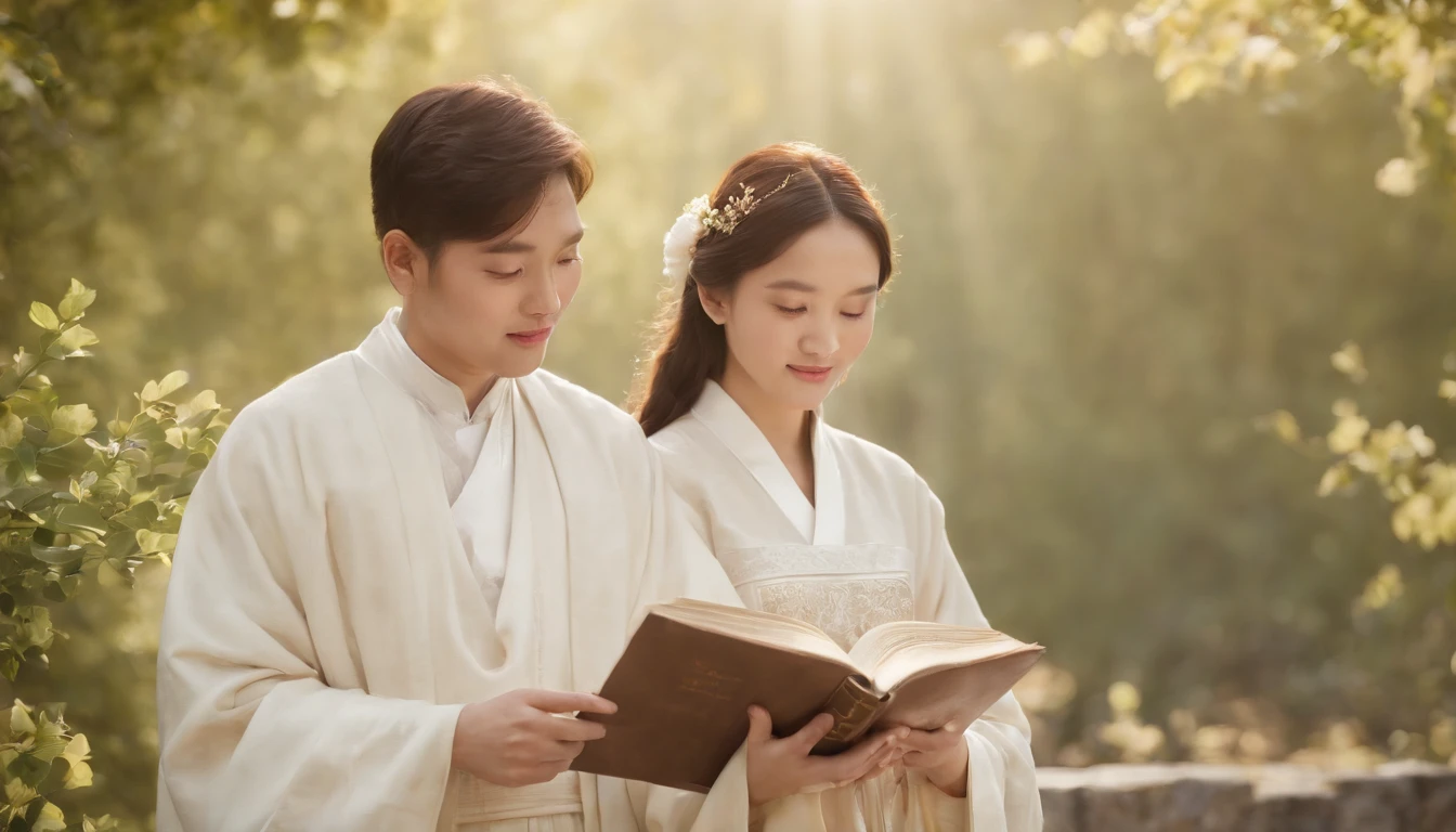(Best Quality,Ultra-detailed,realisitic:1.37),portrait of a,Korean men and women reading the Bible,Oil Painting,Cathedral attire, View of the cathedral in the distance,Peaceful garden scene,Soft sunlight,tranquil expression,wisdom,Bible Quotes,vibrant colours,delicate brushwork,subtle textures,lush greenery,Contemplative atmosphere,Beautiful picture book,Highlighted features:Eyes in focus,gentle smiling,Graceful posture,Sunlight shining through the trees,rays,Quiet surroundings,serene ambiance,A Blessed Moment