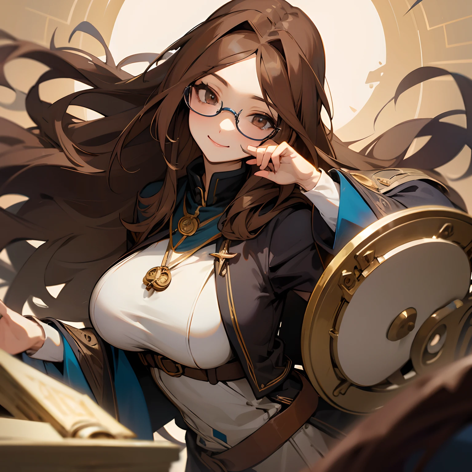 Alchemist,eye glass,Long brown hair,Adult female image,Puppets,Inhuman life,A haughty smile,wisdom,Large breasts,medal