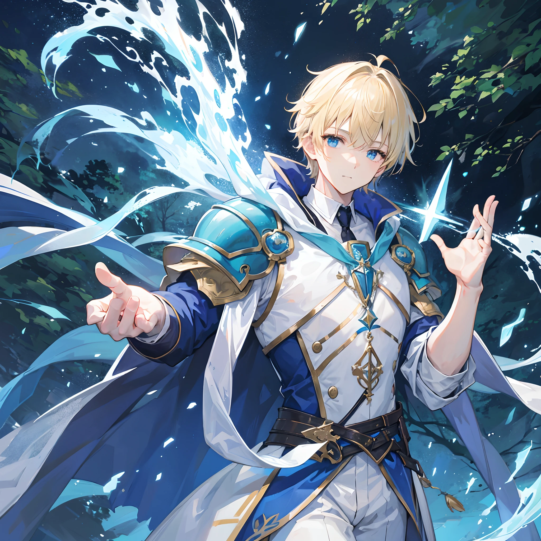 Huge amount of magic aura gathers around the hand of a man in short blonde hair, blue armour, magic blade, in a forest, moon shining in the starry sky