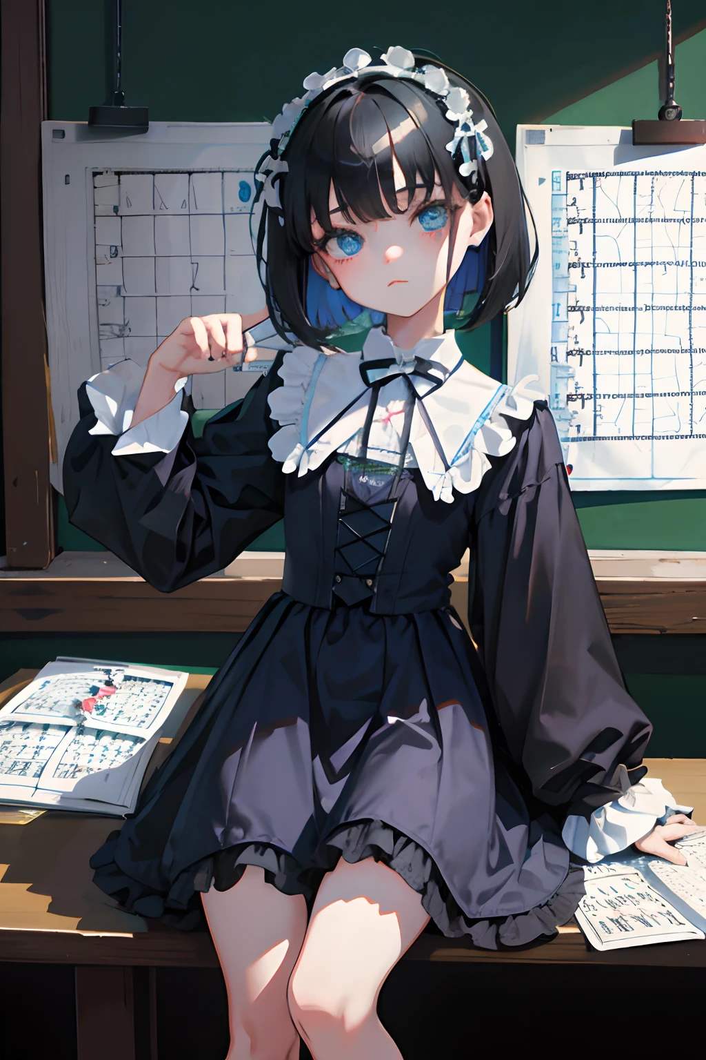 ,(masterpiece,Highest Quality),shortsleeves,Blue-green Gothic Lolita,Sleepy face,A dark-haired,Medium bob,(jigsaw,crossword puzzle,cipher,Problem,mathematical equations,alphabet)