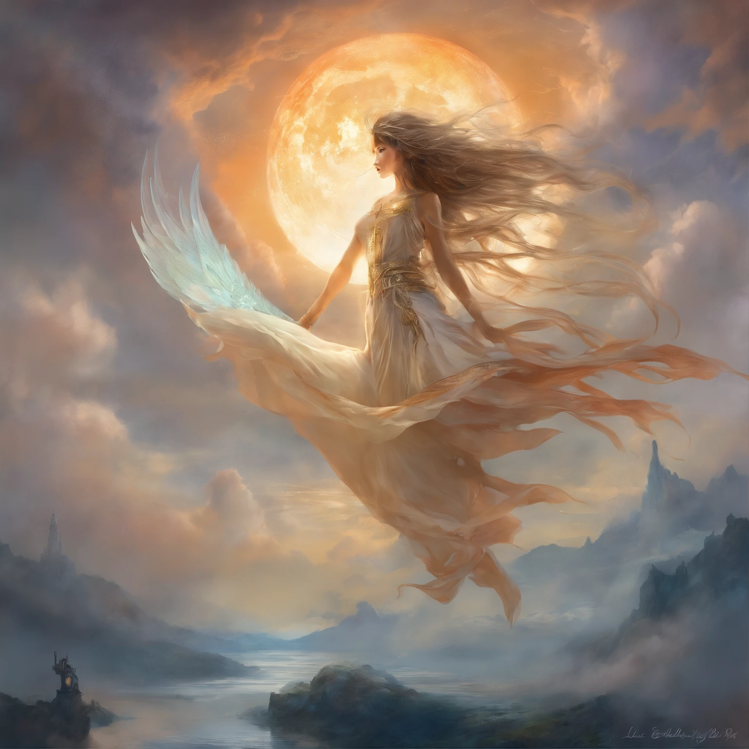 ((best quality)), ((masterpiece)), (detailed), alluring succubus, ethereal beauty, perched on a cloud, (fantasy illustration:1.3), enchanting gaze, captivating pose, delicate wings, otherworldly charm, mystical sky, (Luis Royo:1.2), (Yoshitaka Amano:1.1), moonlit night, soft colors, (detailed cloudscape:1.3), (high-resolution:1.2)