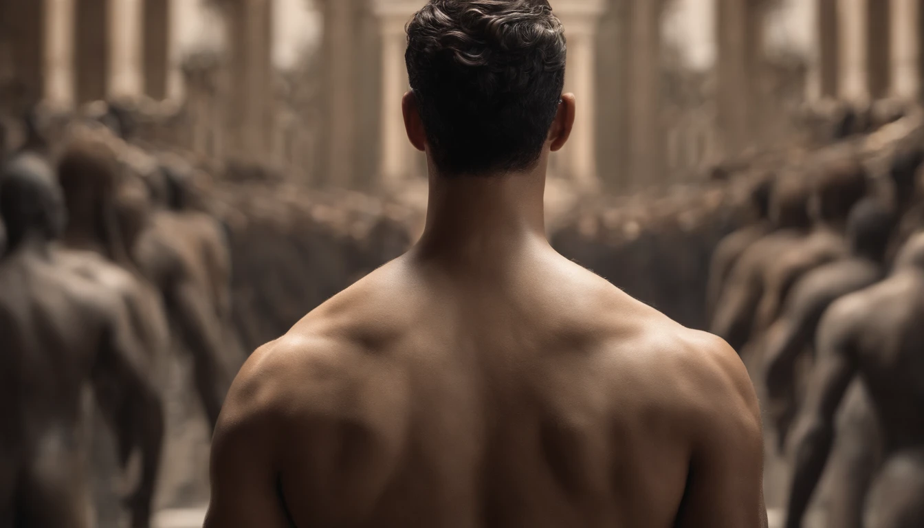 (masterpiece, cinematic, hyperrealistic, superrealistic, hyper-detailed, ultra-detailed, 32k, perfect anatomy, flawless anatomy, symmetric eyes, symmetric hands, state of the art) full length man portrait, stoic man, seen from behind in the center of rome in deep meditation, body full of scratches and grunge, person in the center, ultra details, perfect composition, super detailed, high detail, cinematic composition, face in the center, hyperrealism, detailed drawing, sharp focus, extra artistic (seen from far)
