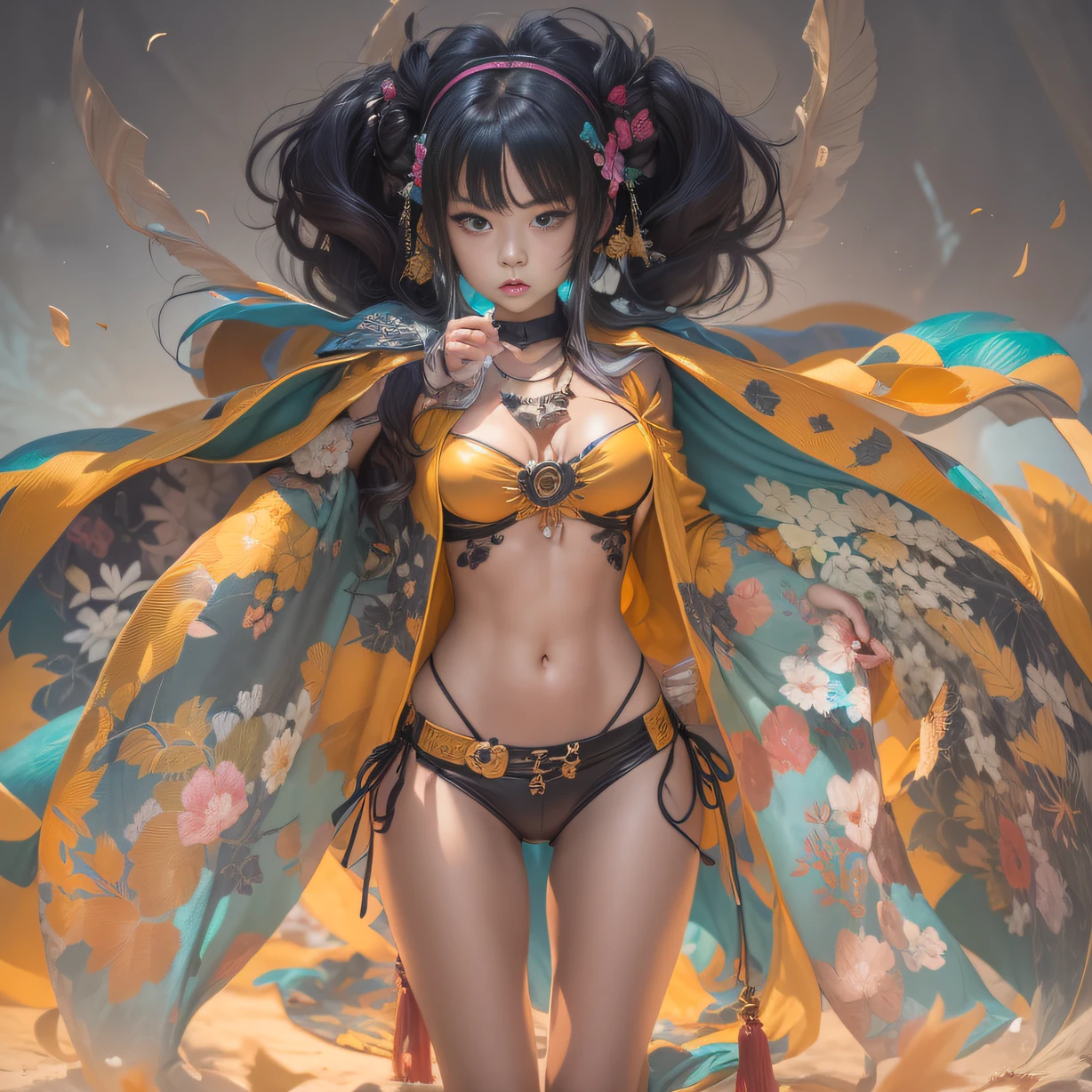 (Girl with bright black hair)(Best quality, A high resolution, Vivid colors, (Cartoon Goddess), (comic strip))Forged hammer pattern,Wear silver bikini fringed shorts and a tassel necklace
,oguchi,sedate,massiness,Shiny and warm,Flowing silk cape
