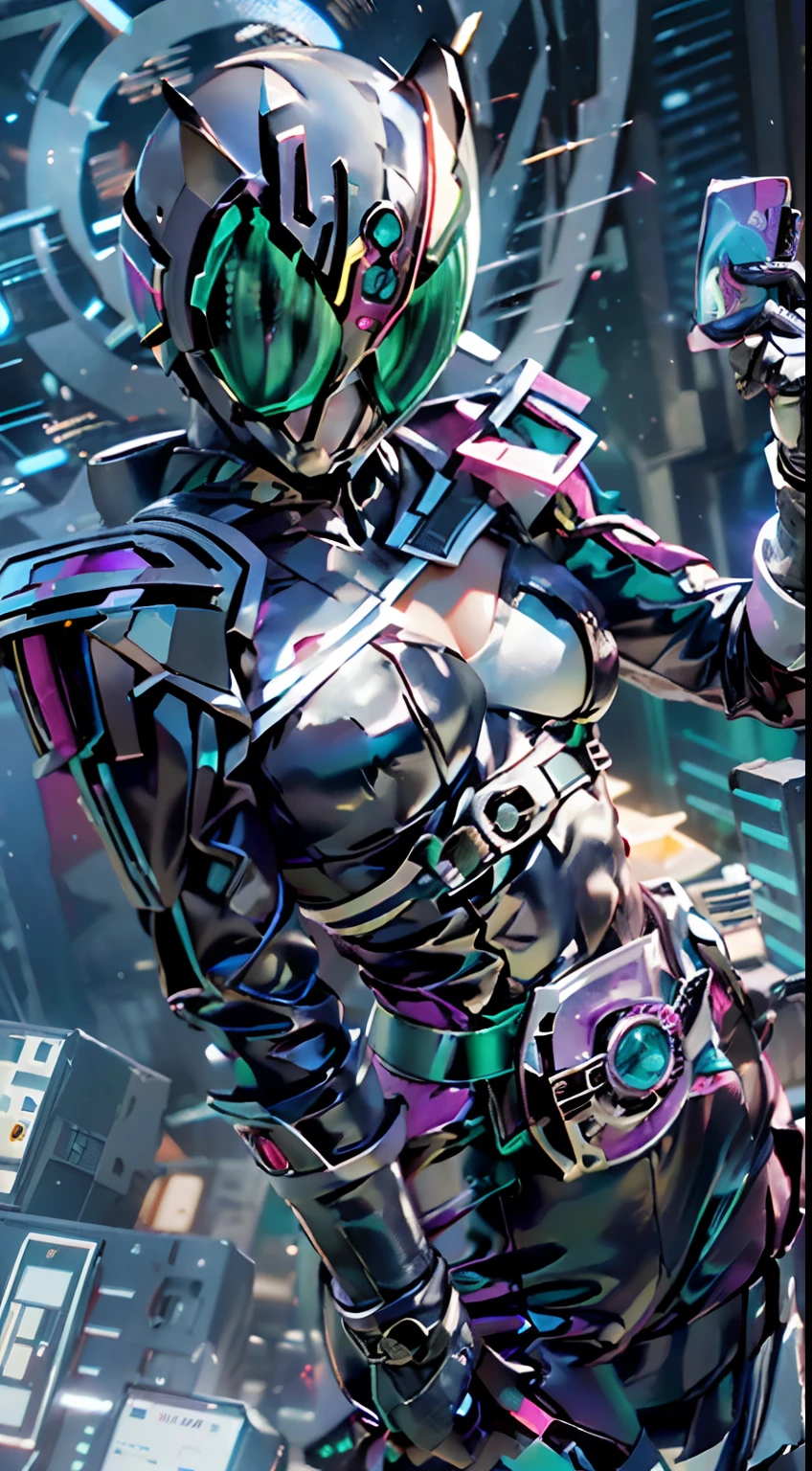NSFW、(thin-waist、well-shaped breasts、cleavage of the breast、silber hair:1.4)(Kamen Rider Decade Design、Decade Belt、mask off:1.5)(leather jackets、neon trim:1.5)Science fiction, Cyberpunk city destroyed in the background, In the style of Gantz, (Super Photo Stick:1.8), masutepiece, Best Quality, Wallpaper, nffsw, High quality, hight resolution, Extremely detailed, {beautifull detailed face}, {Beautiful detailed eyes}, (Detailed light){{intricate detailes}}, {hight resolution}, ((Detailed face)), Neon light, Chiaroscuro, Key visuals of science fiction movies, intricate detailes, Highly detailed,