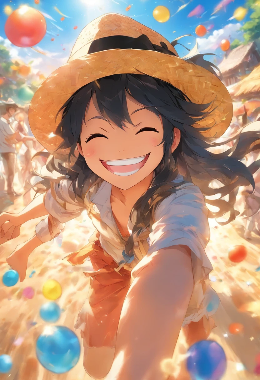 a straw fedora hat、A big smile、top-quality、masterpiece、夏天、blue-sky、Long black hair