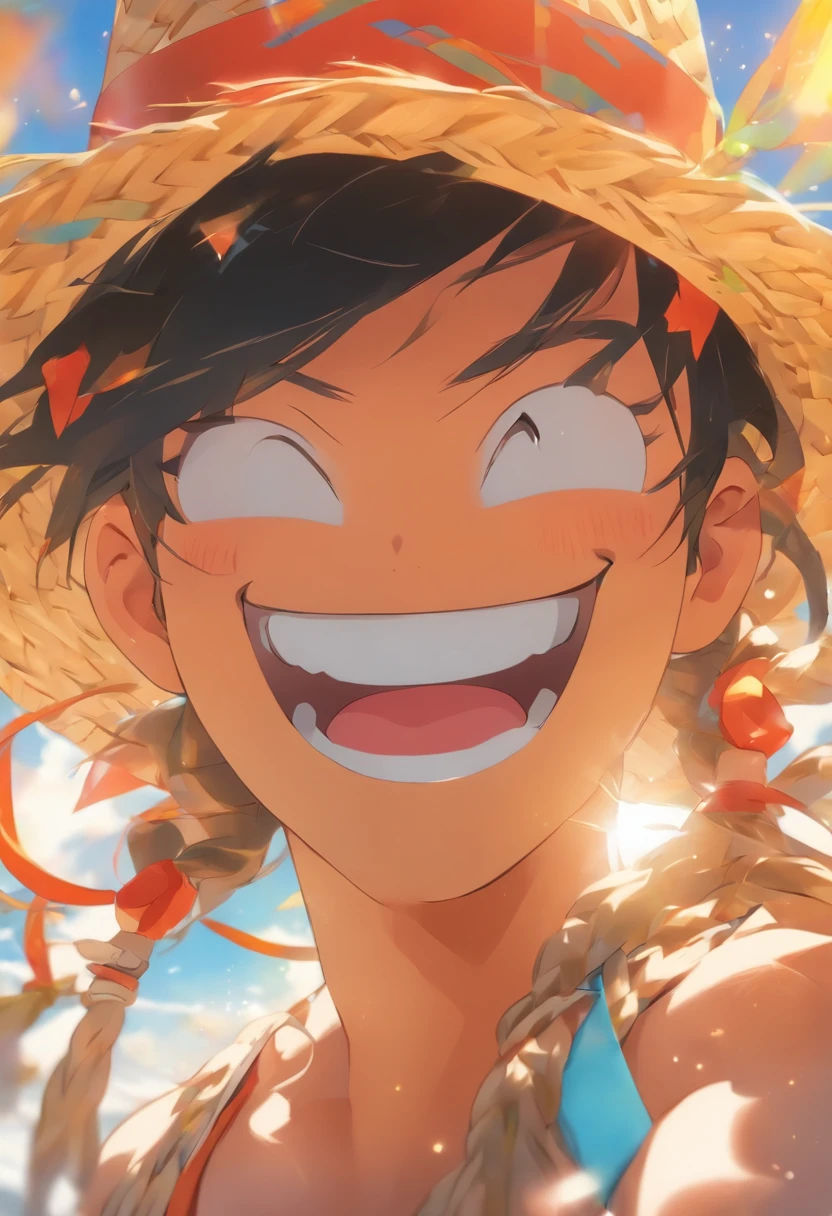 a straw fedora hat、A big smile、top-quality、​masterpiece、夏天、blue-sky、Long black hair