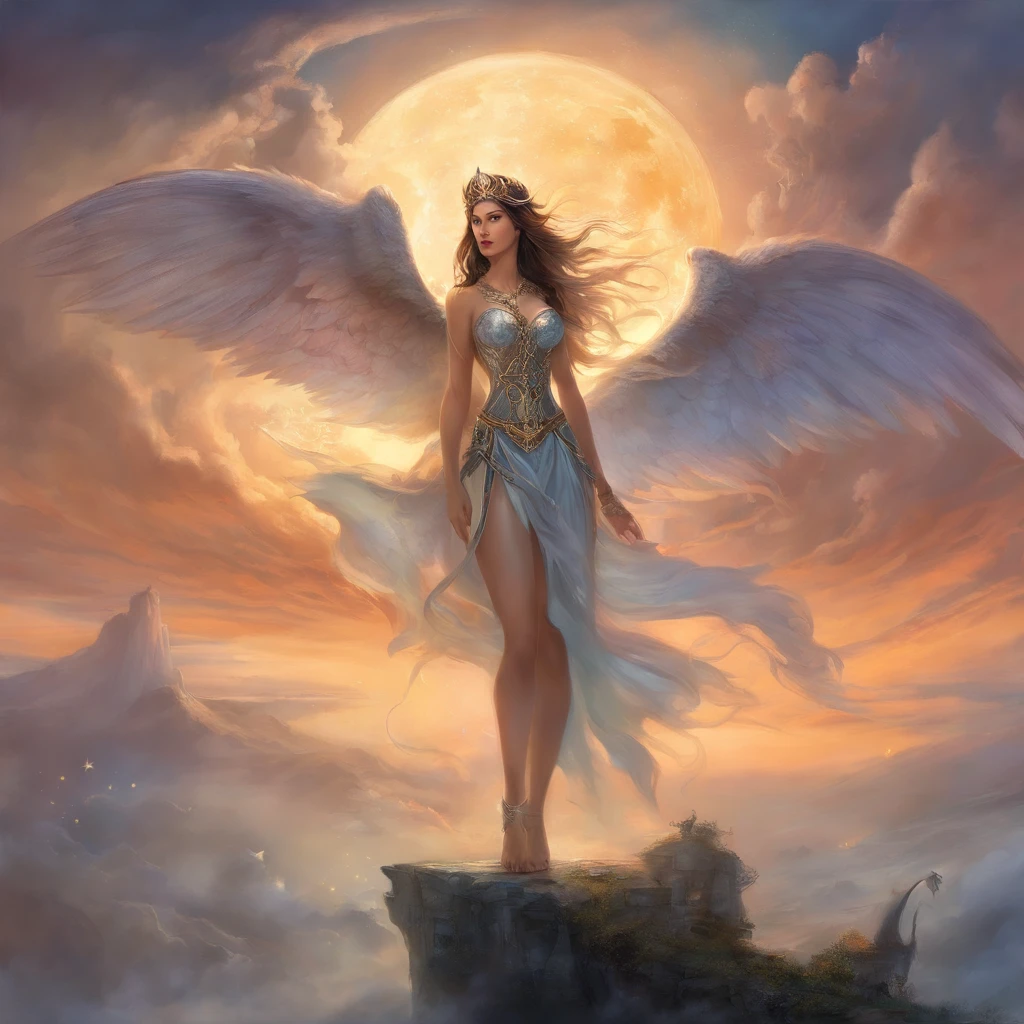 ((best quality)), ((masterpiece)), (detailed), alluring succubus, ethereal beauty, perched on a cloud, (fantasy illustration:1.3), enchanting gaze, captivating pose, delicate wings, otherworldly charm, mystical sky, (Luis Royo:1.2), (Yoshitaka Amano:1.1), moonlit night, soft colors, (detailed cloudscape:1.3), (high-resolution:1.2)